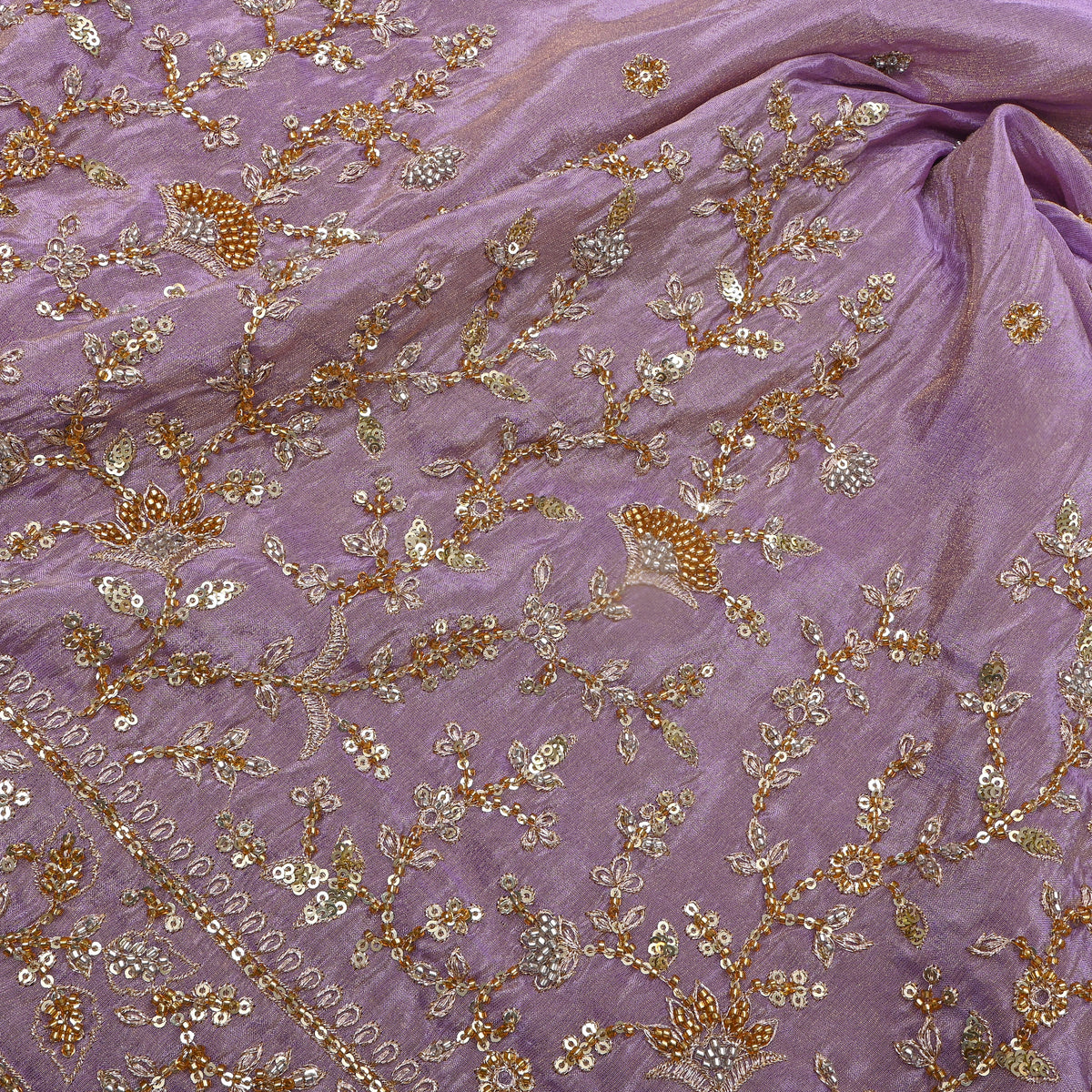 Purple Gold Butti Floral Embroidery Tissue Fabric