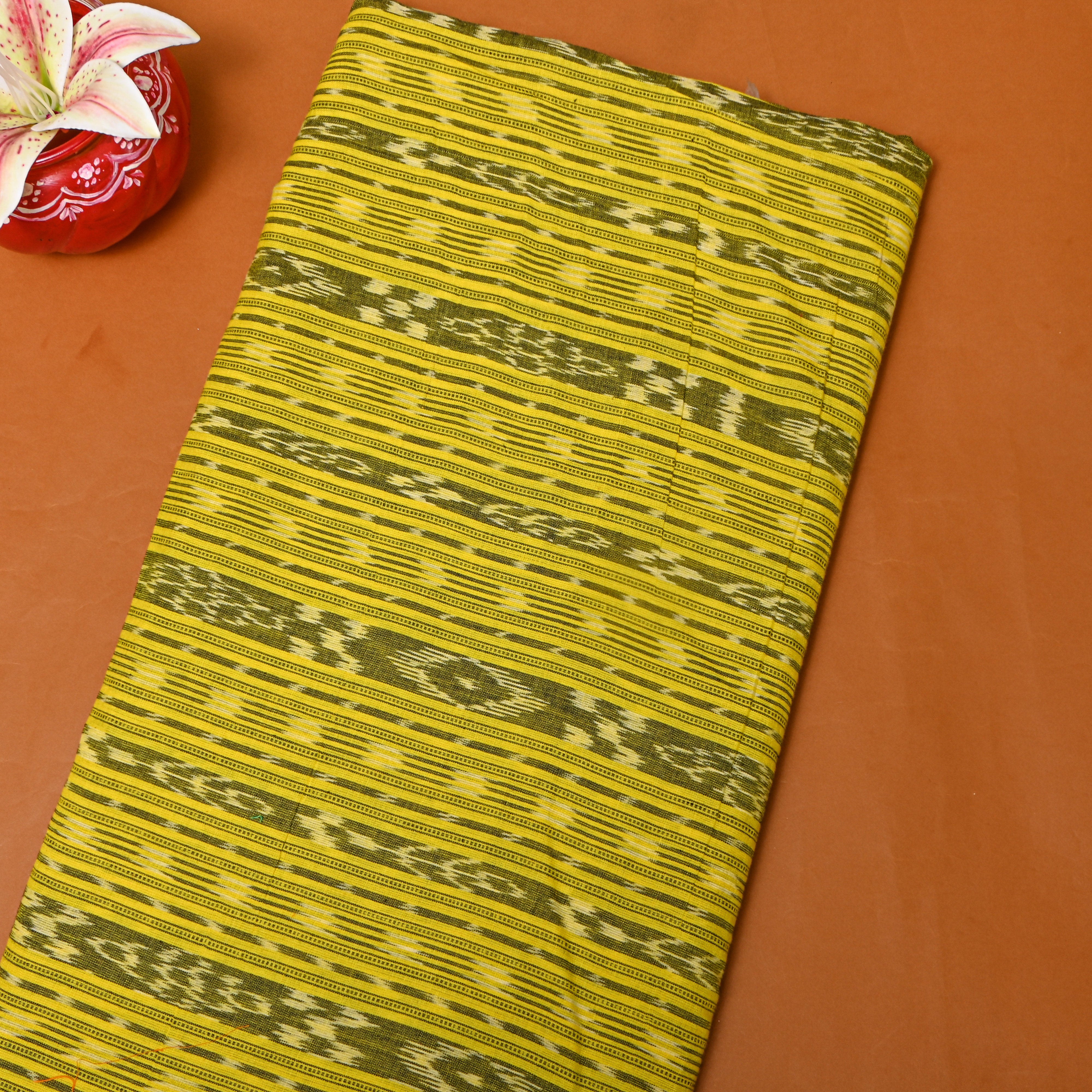 Yellow And Gray Diagonal Ikat Stripe Cotton Fabric
