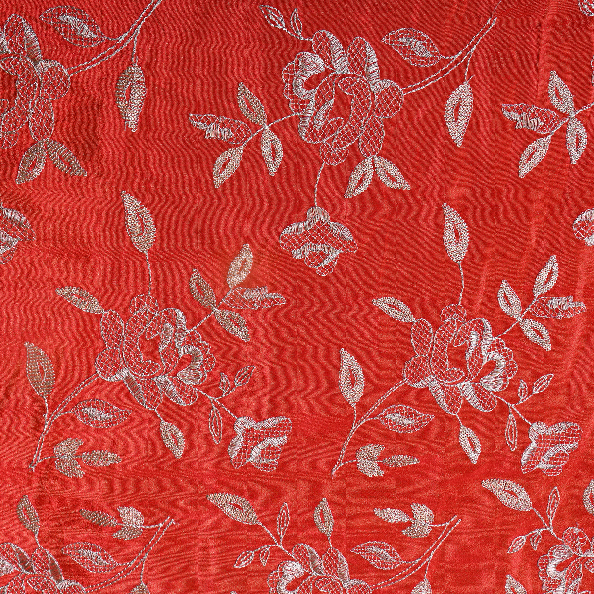 Rust Orange Floral Gold Zari Embroidered Tissue Fabric