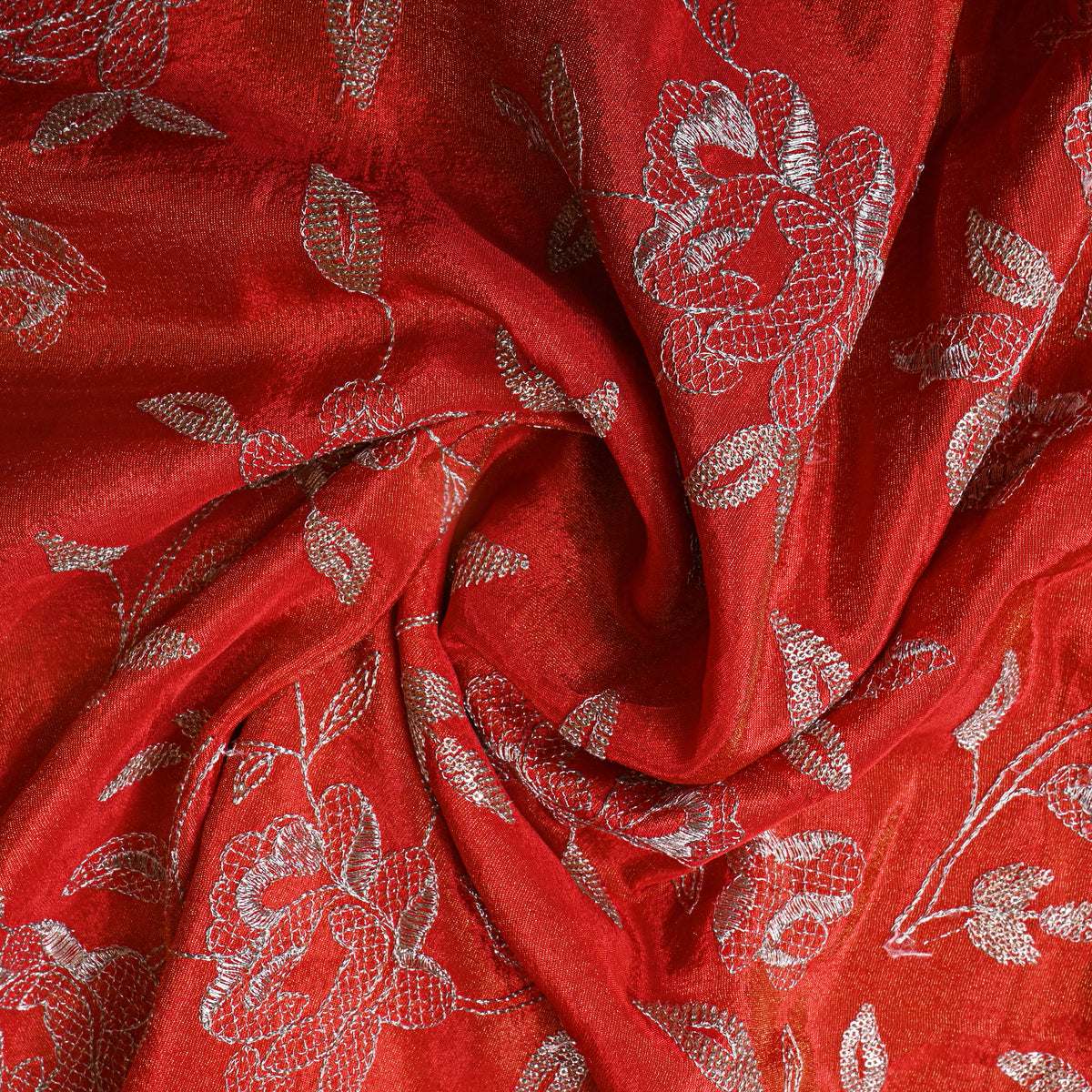 Rust Orange Floral Gold Zari Embroidered Tissue Fabric