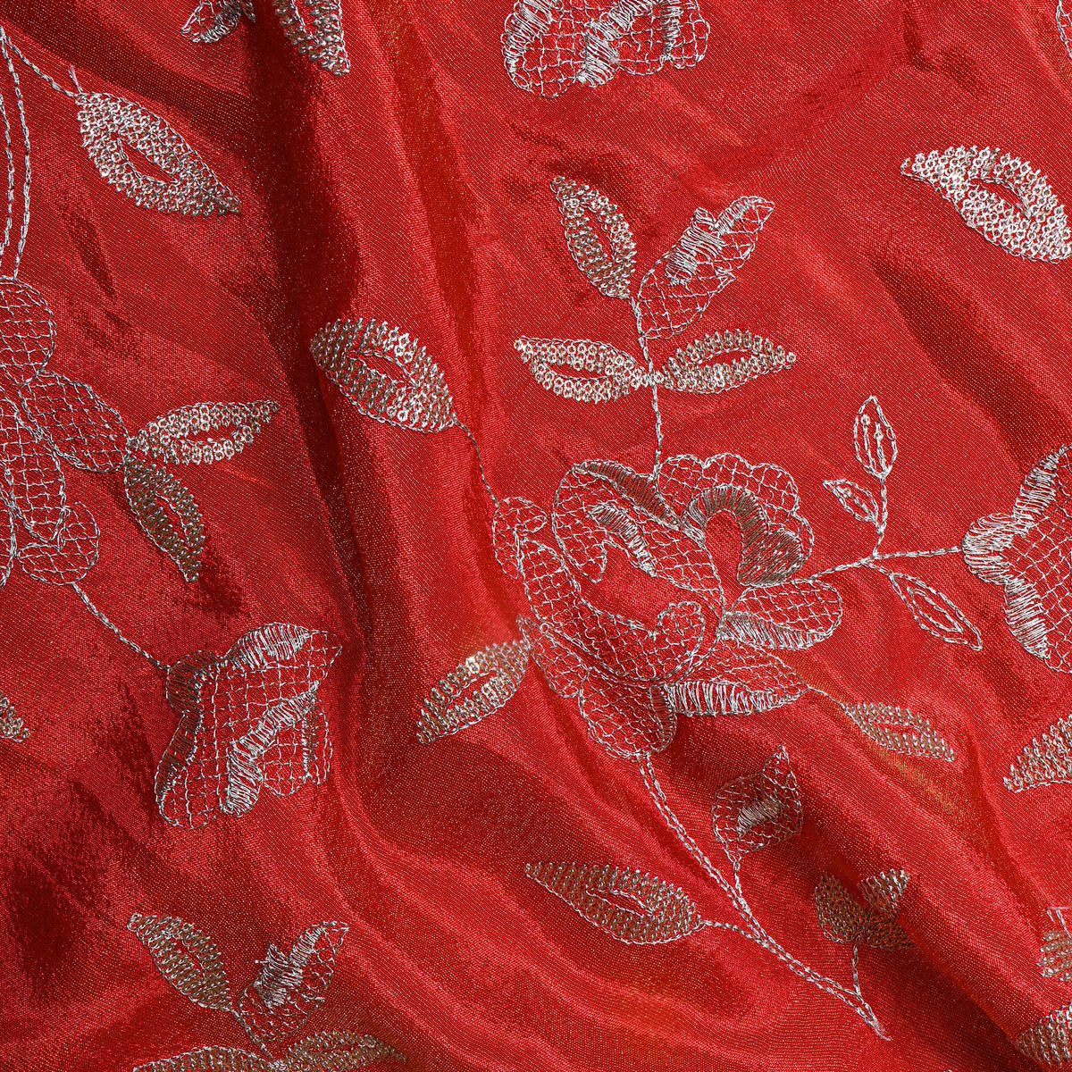 Rust Orange Floral Gold Zari Embroidered Tissue Fabric