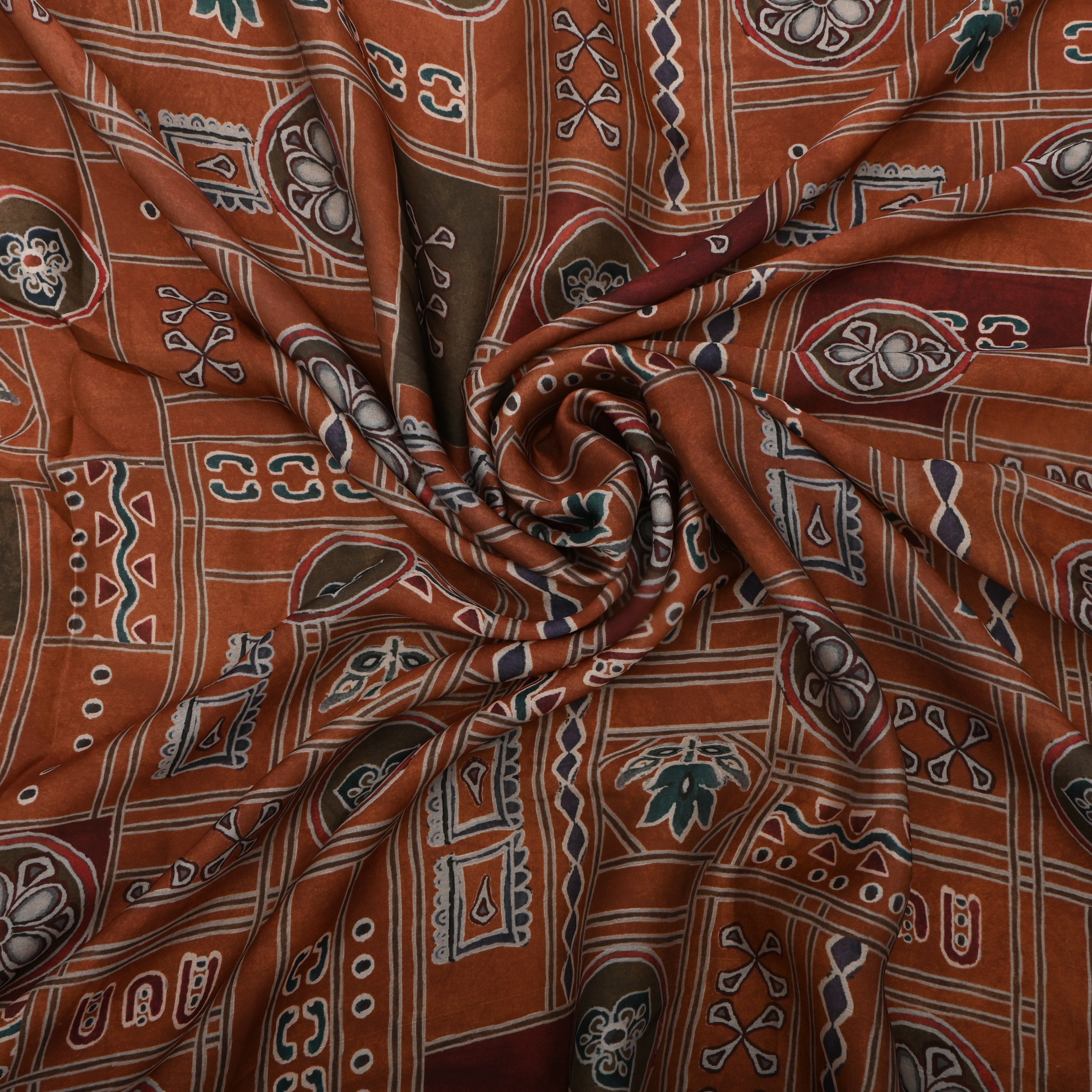 Sienna Brown Silk Fabric With Printed Design