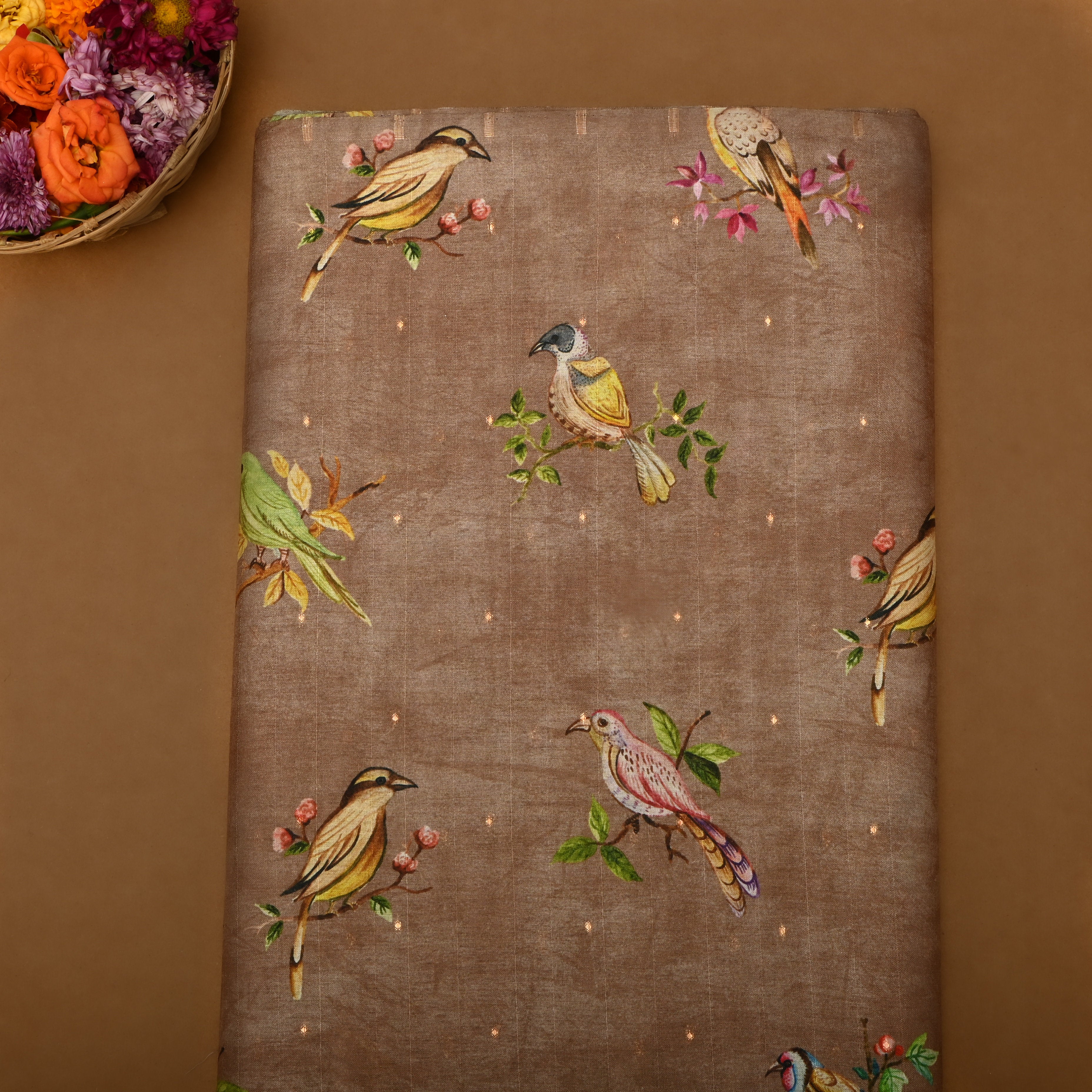 Light Brown Tussar Fabric With Avian Digital Prints