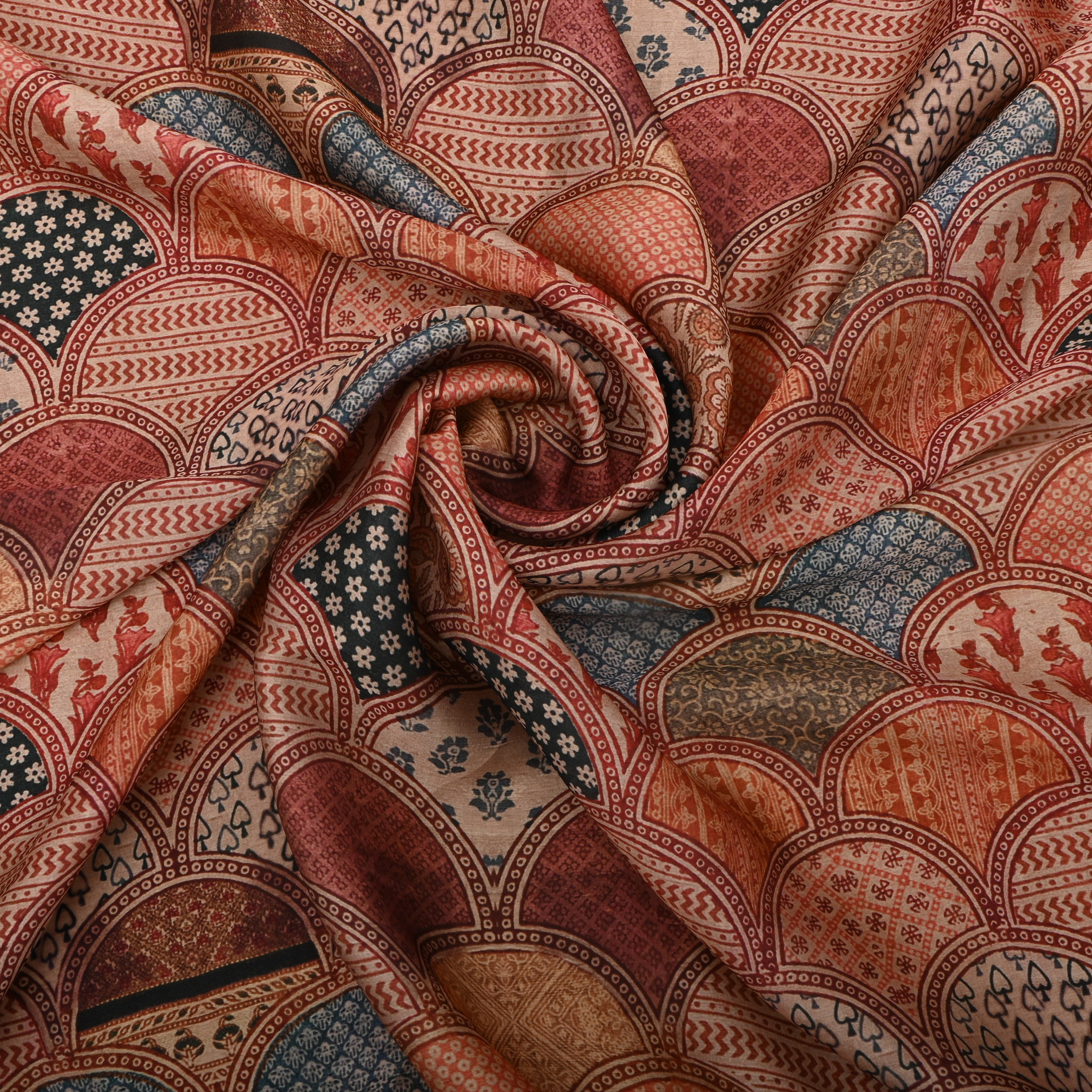 Brown Silk Printed Fabric With Seigaiha Pattern