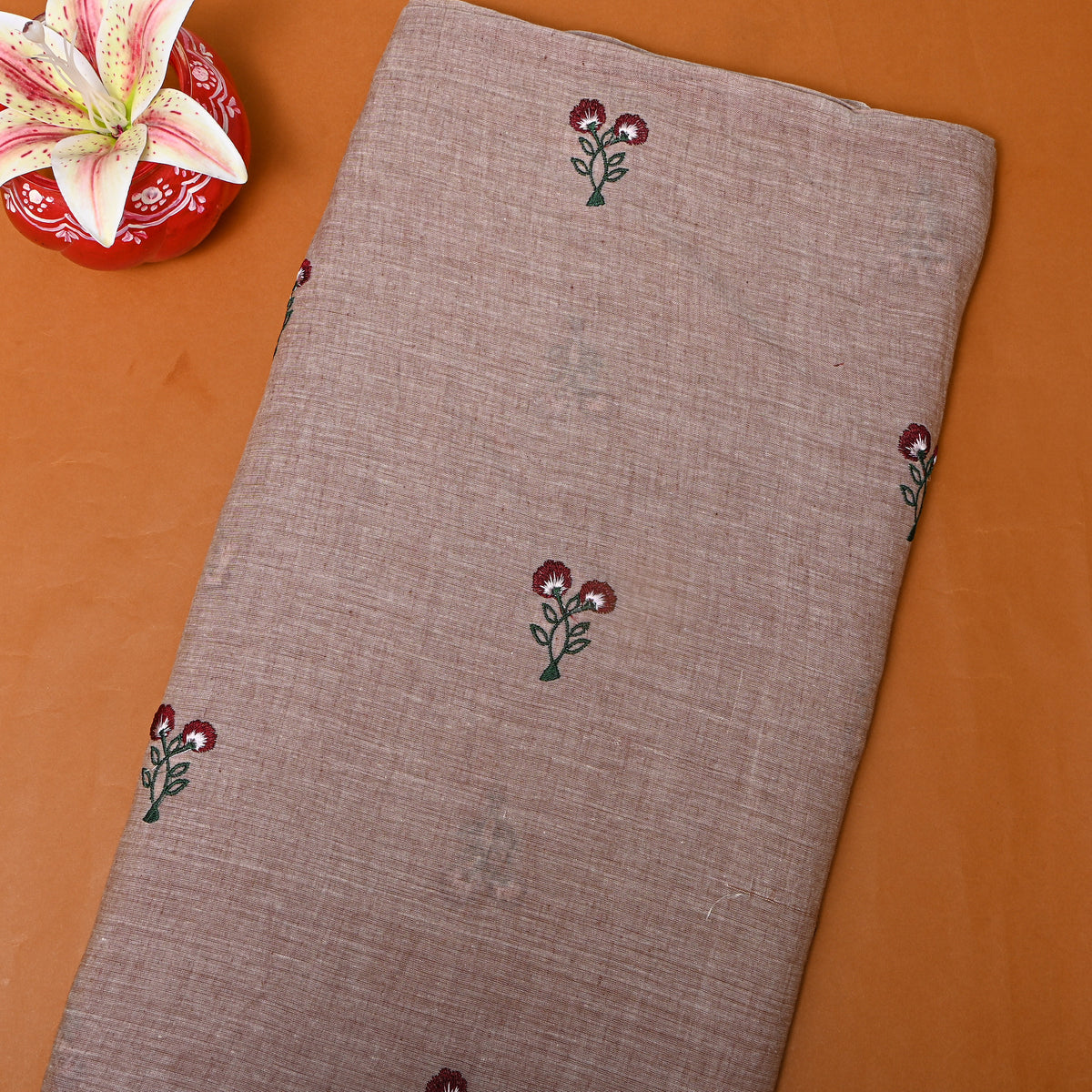 Tan Brown With Dark Red Thread Work Floral Butti Cotton Fabric