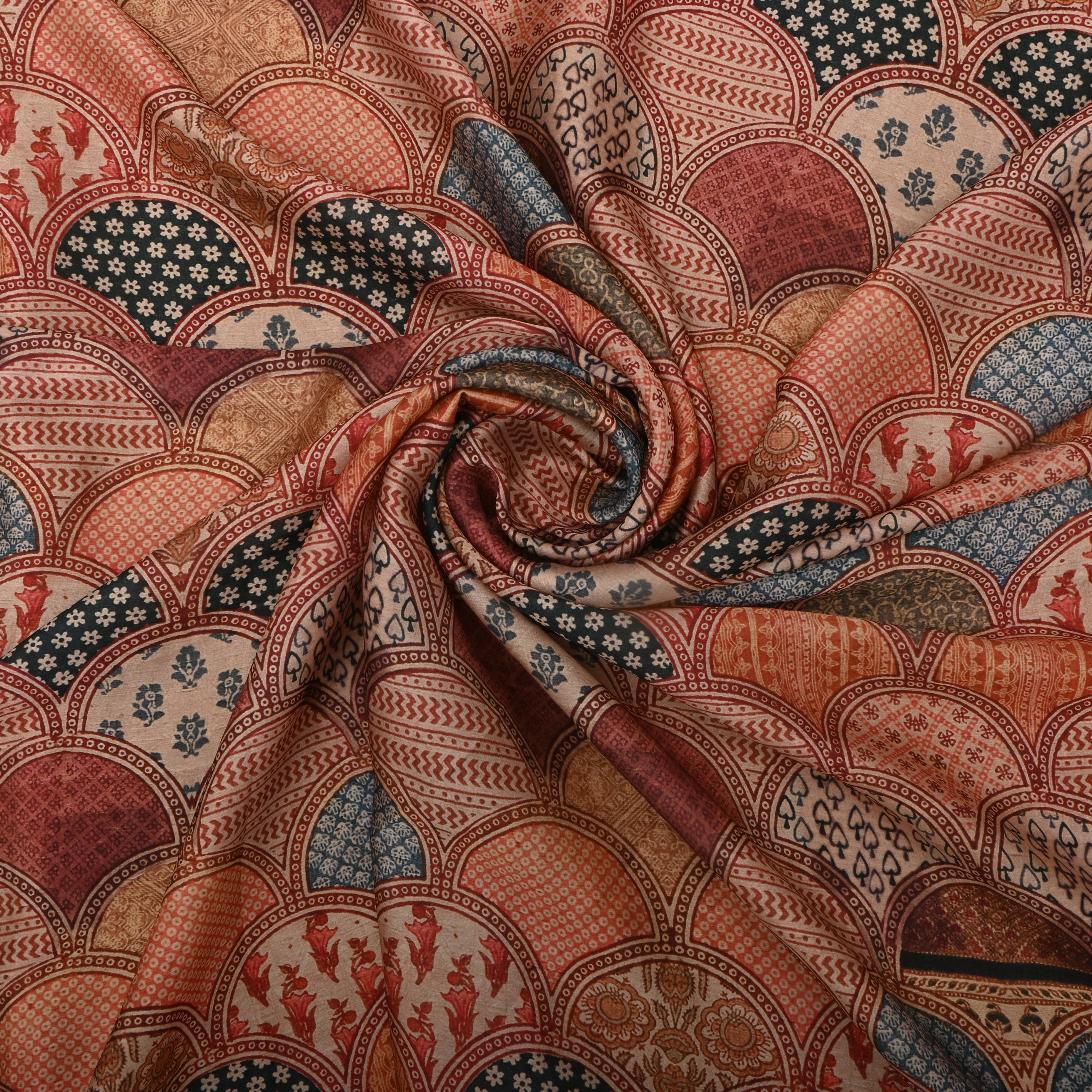 Brown Silk Printed Fabric With Seigaiha Pattern