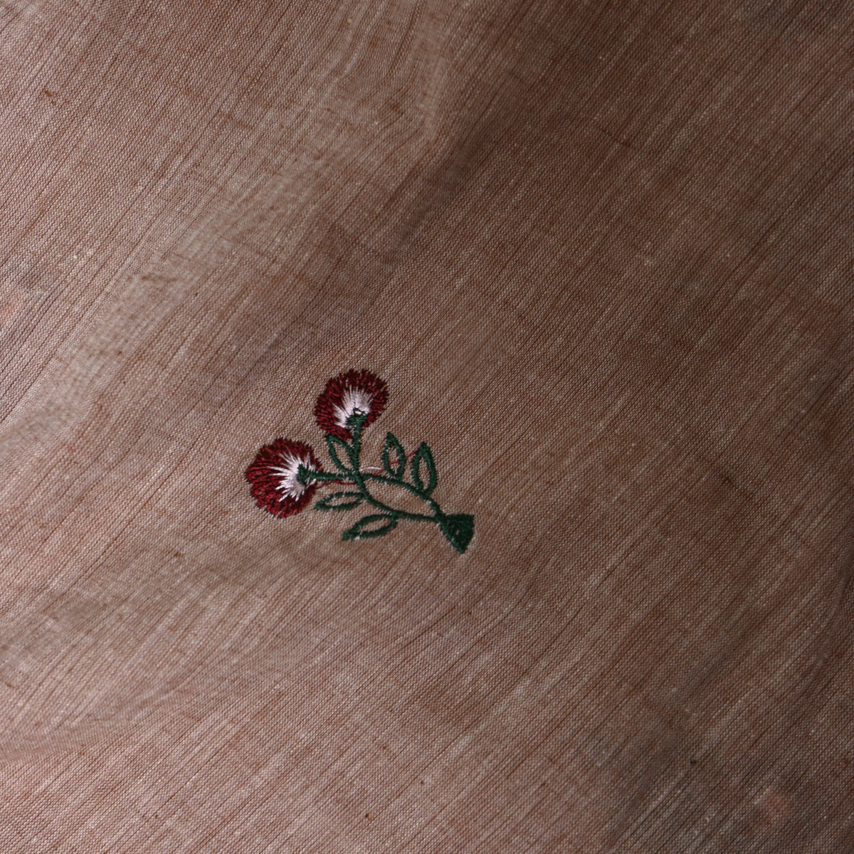 Tan Brown With Dark Red Thread Work Floral Butti Cotton Fabric