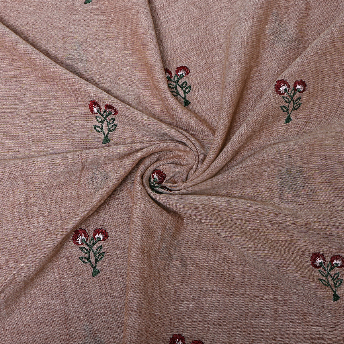 Tan Brown With Dark Red Thread Work Floral Butti Cotton Fabric
