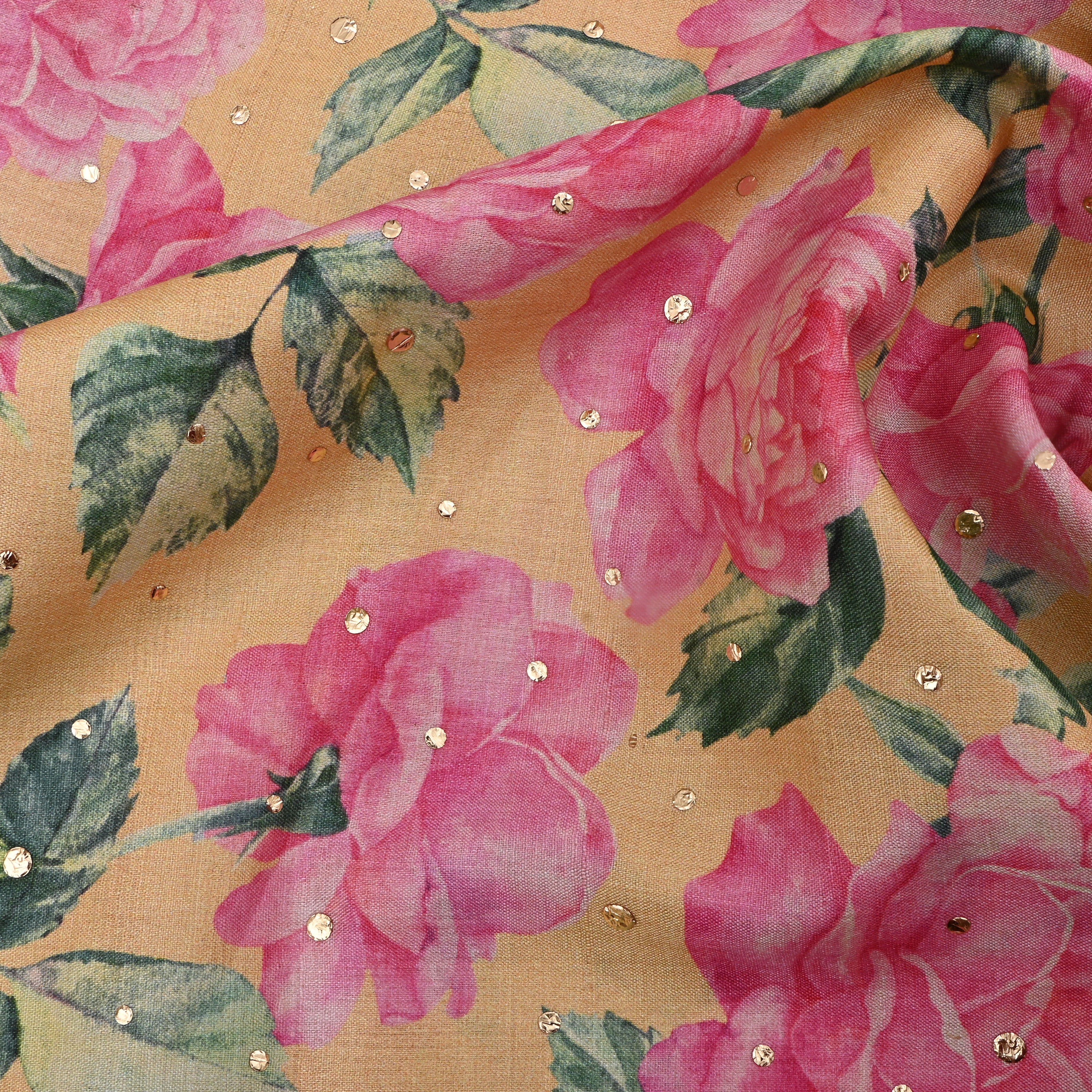 Lion Orange Tussar Fabric With Digital Print