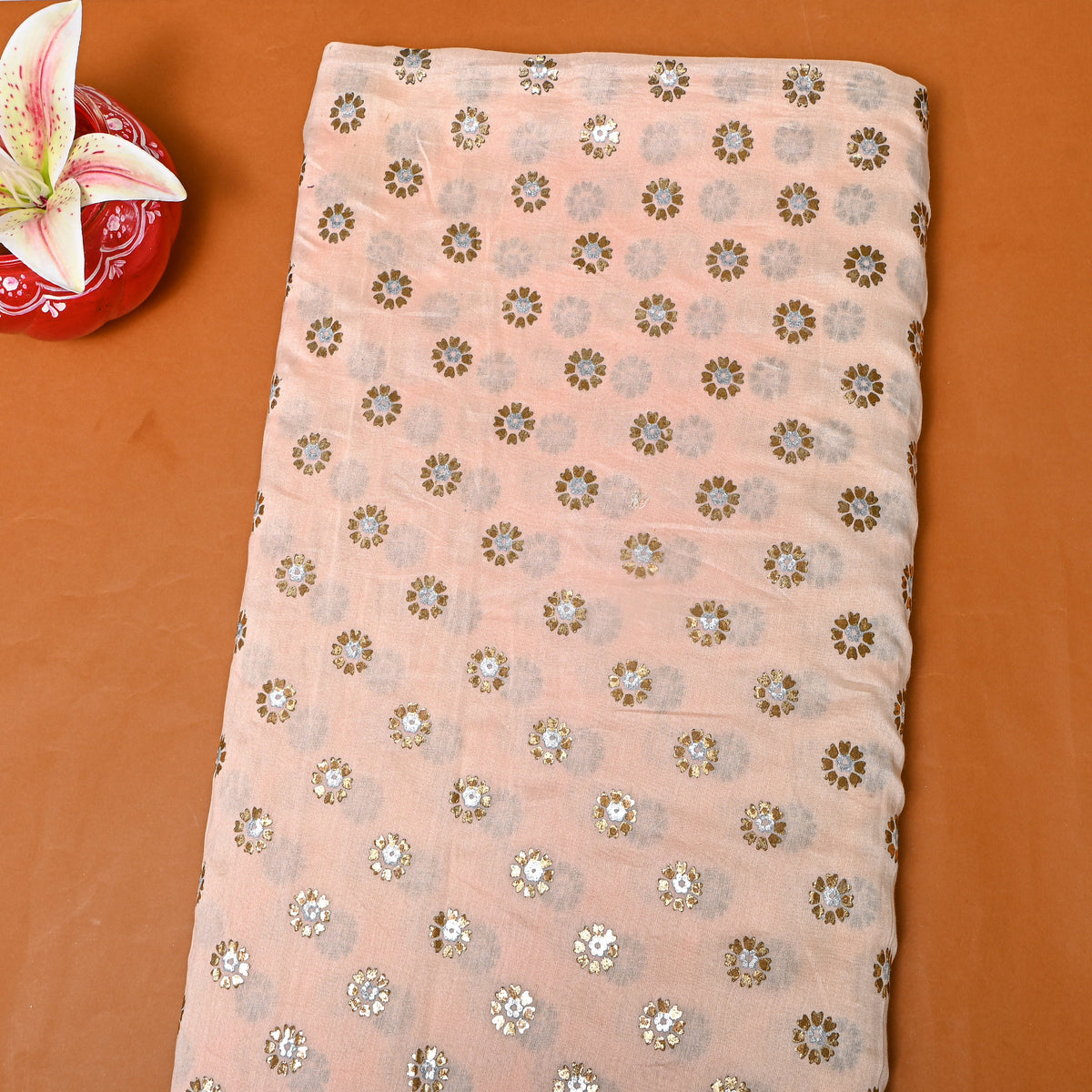 Peach Gold Silver Floral Buti Chanderi Fabric