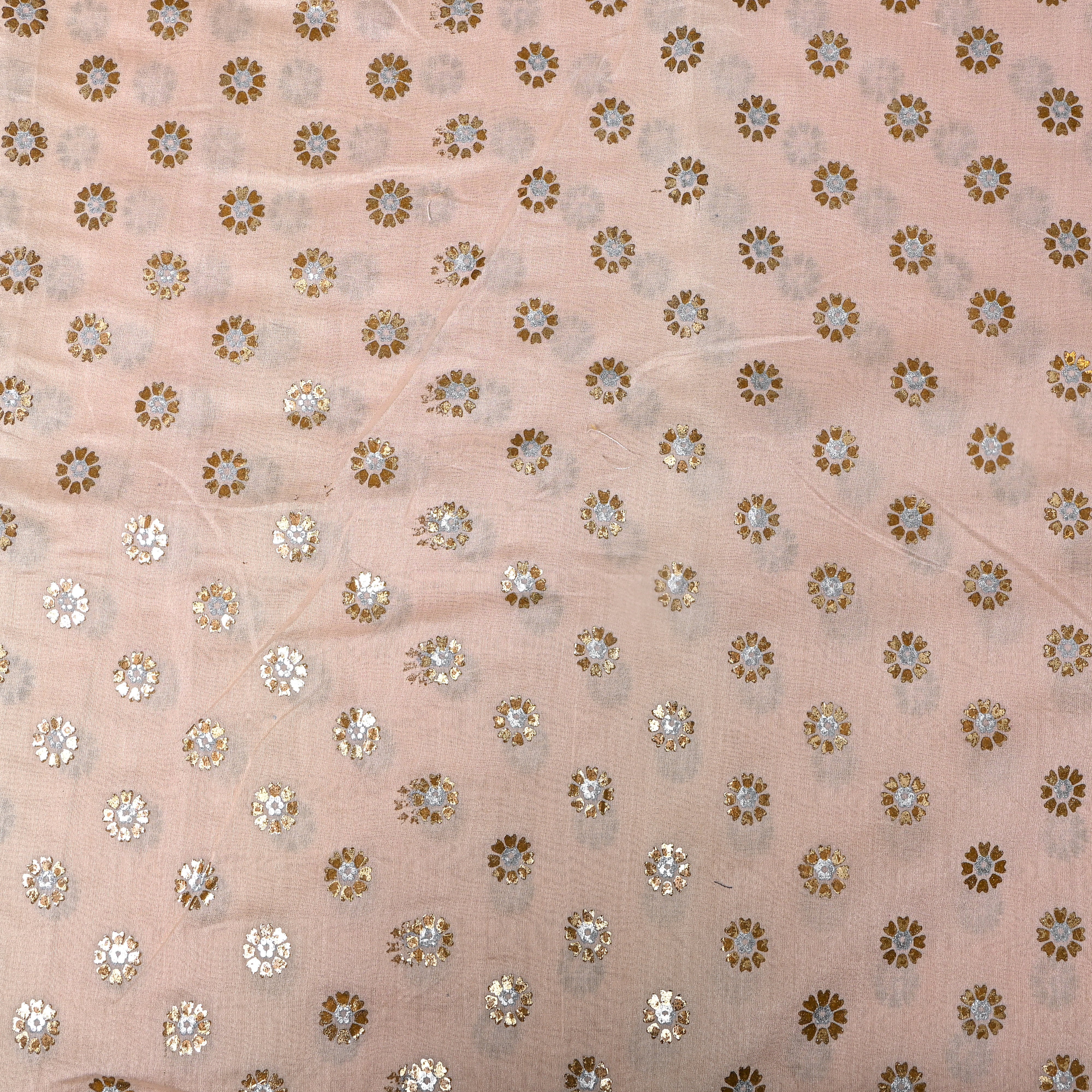 Peach Gold Silver Floral Buti Chanderi Fabric