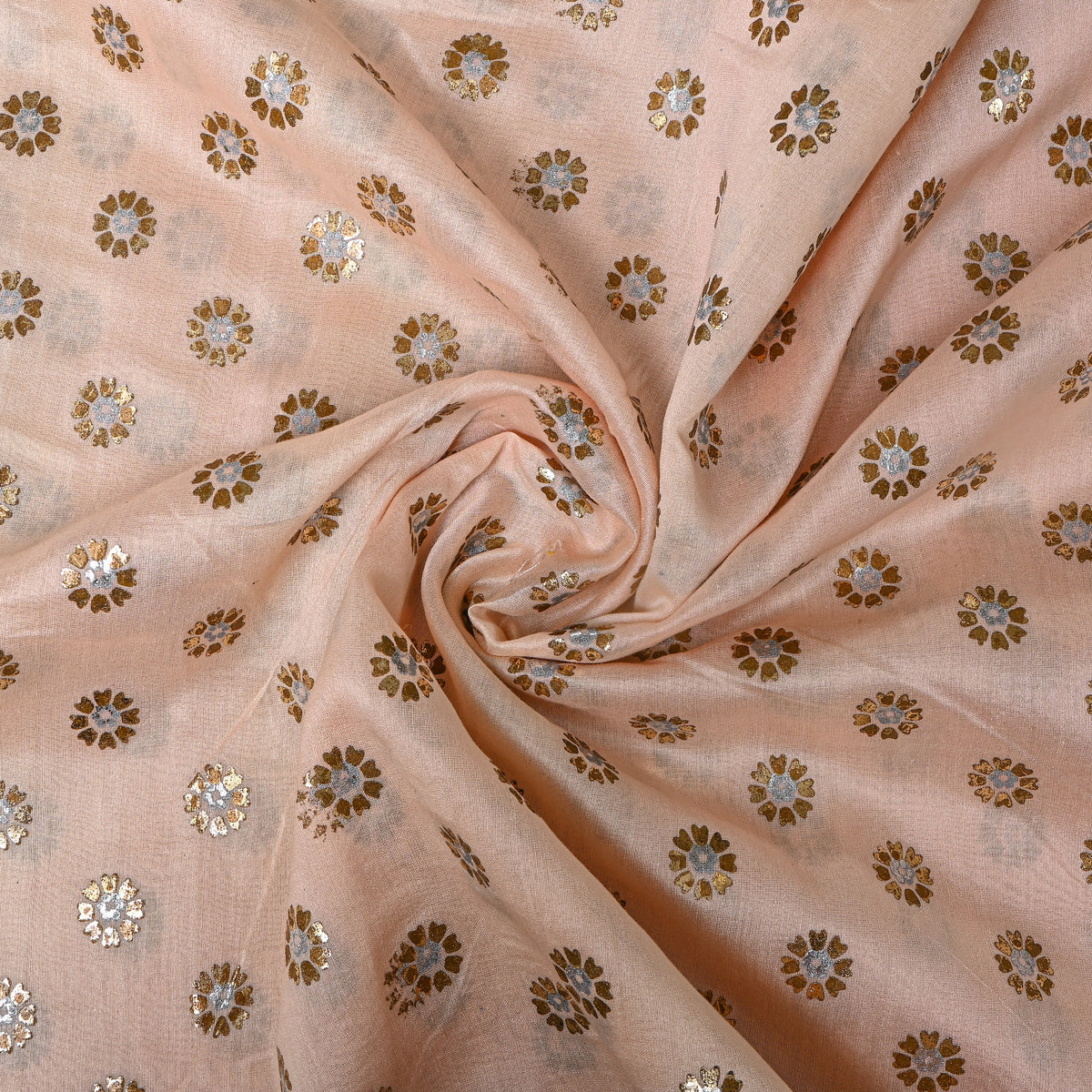 Peach Gold Silver Floral Buti Chanderi Fabric