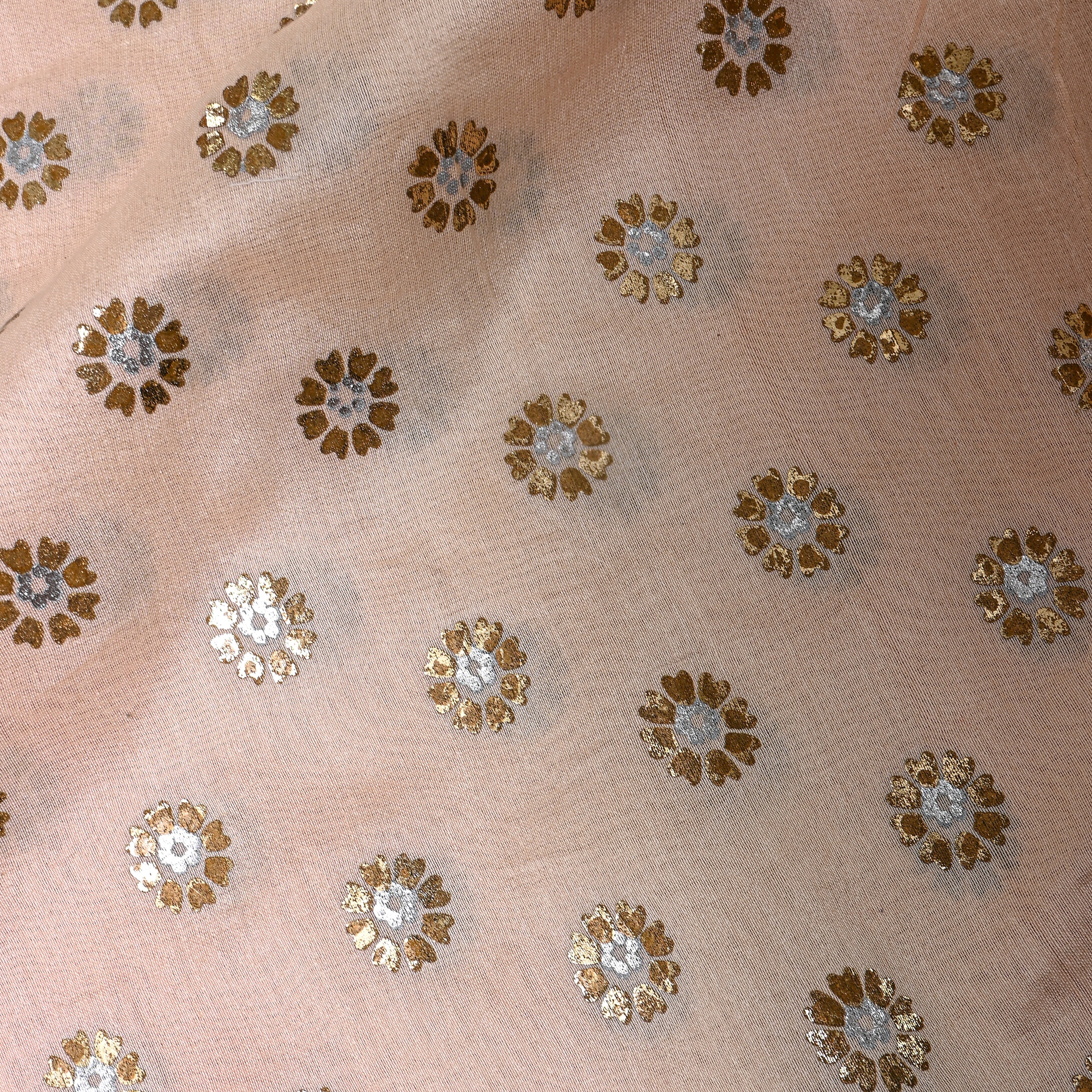 Peach Gold Silver Floral Buti Chanderi Fabric