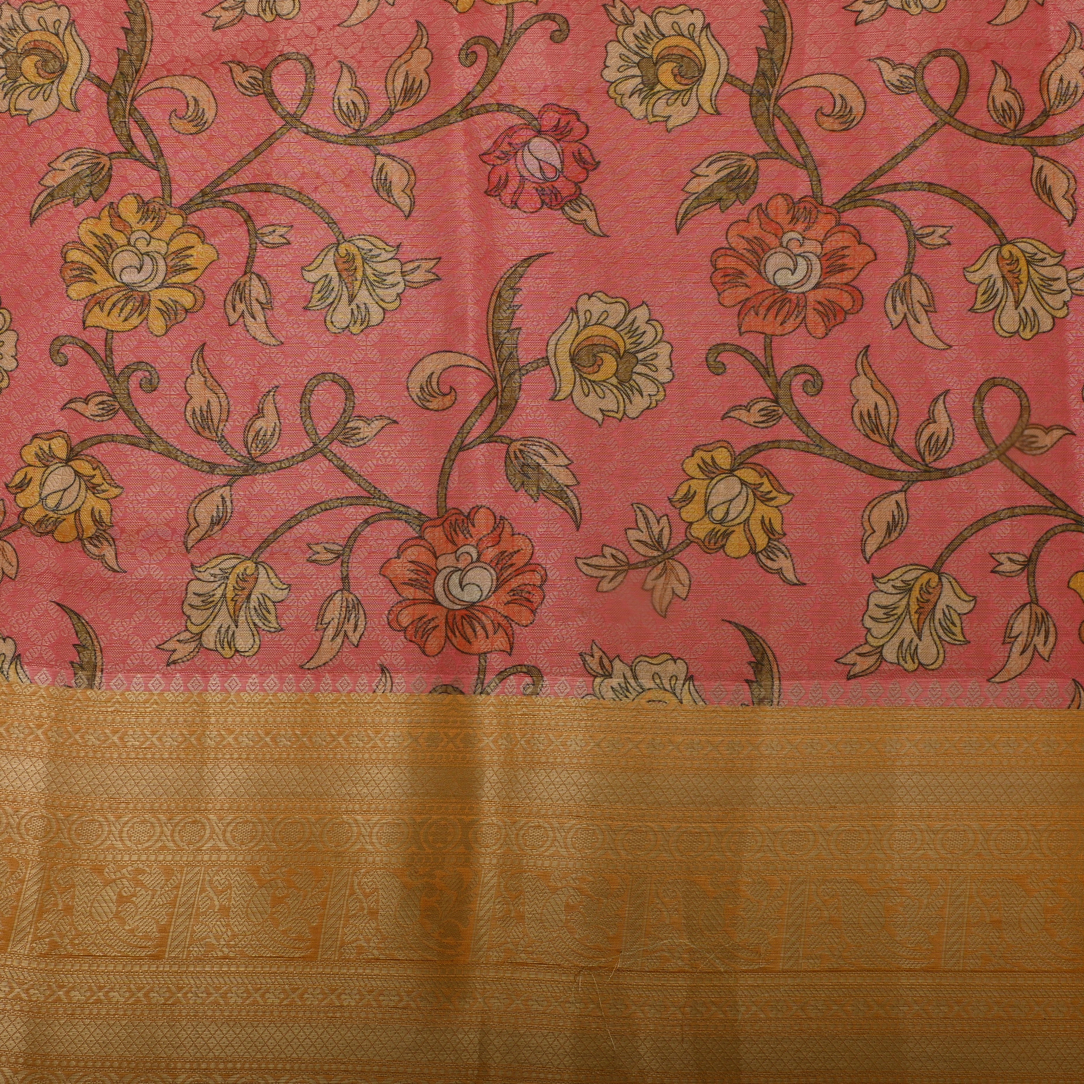 Coral Pink Tissue Fabric With Digital Prints