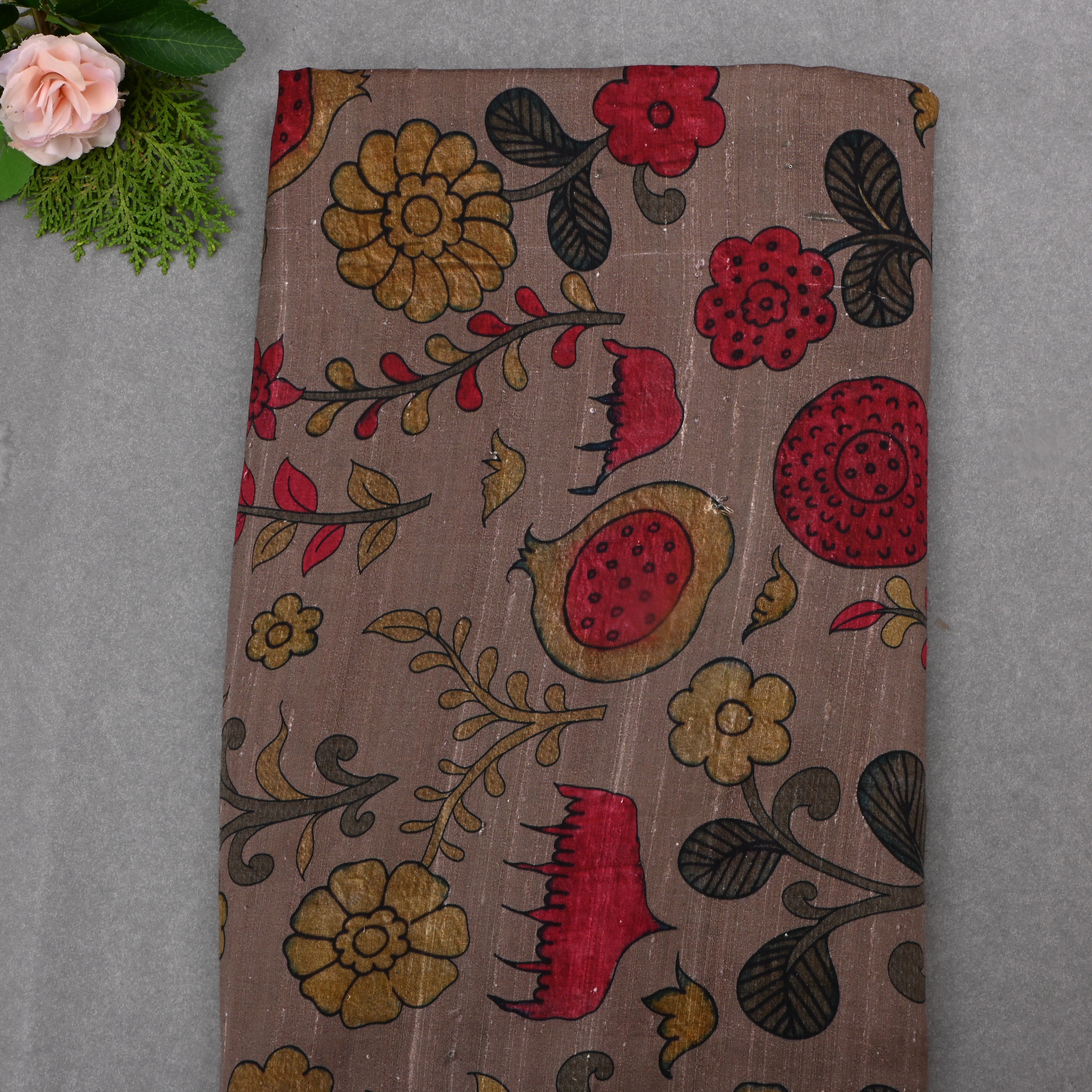 Medium Brown Dupion Fabric With Digital Print