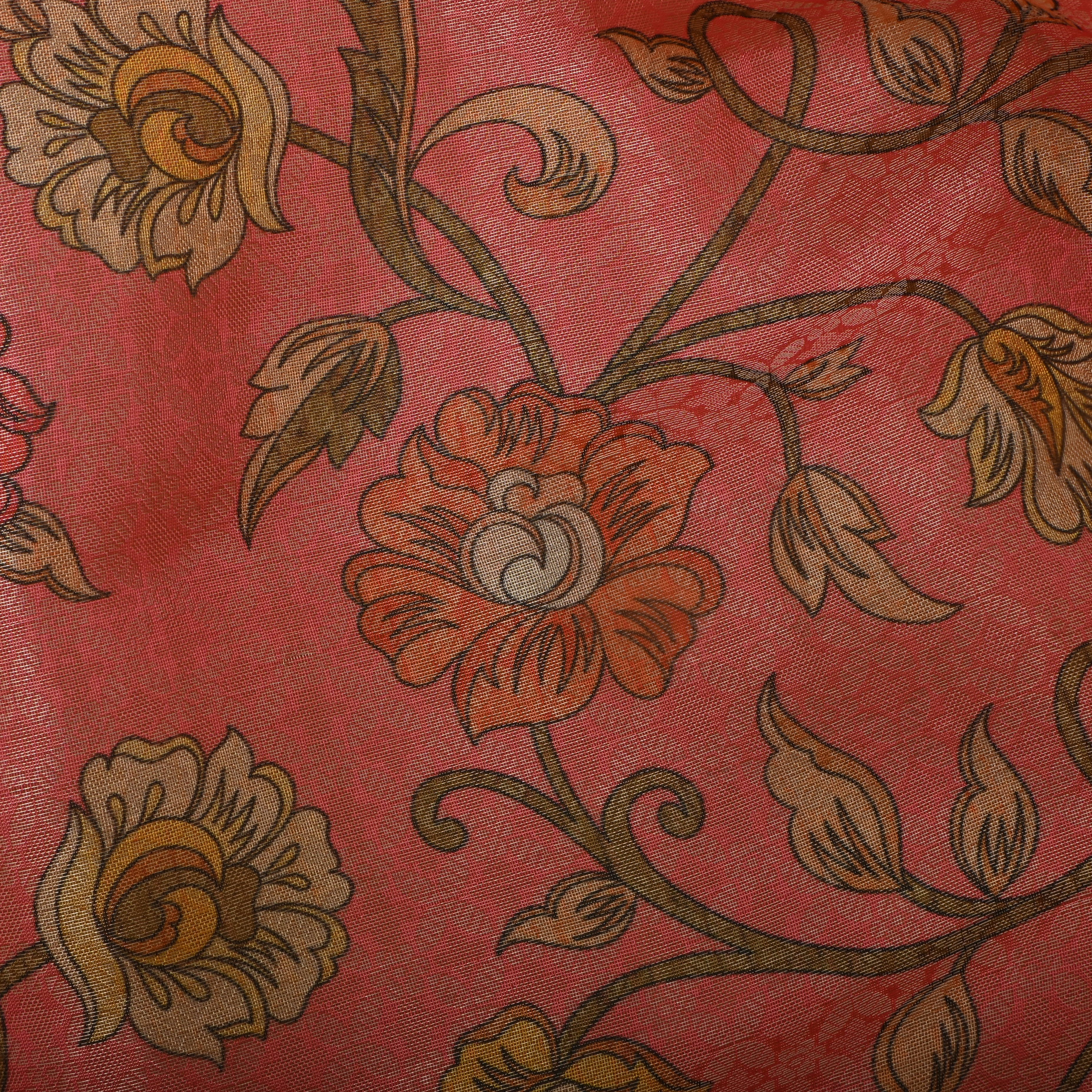 Coral Pink Tissue Fabric With Digital Prints