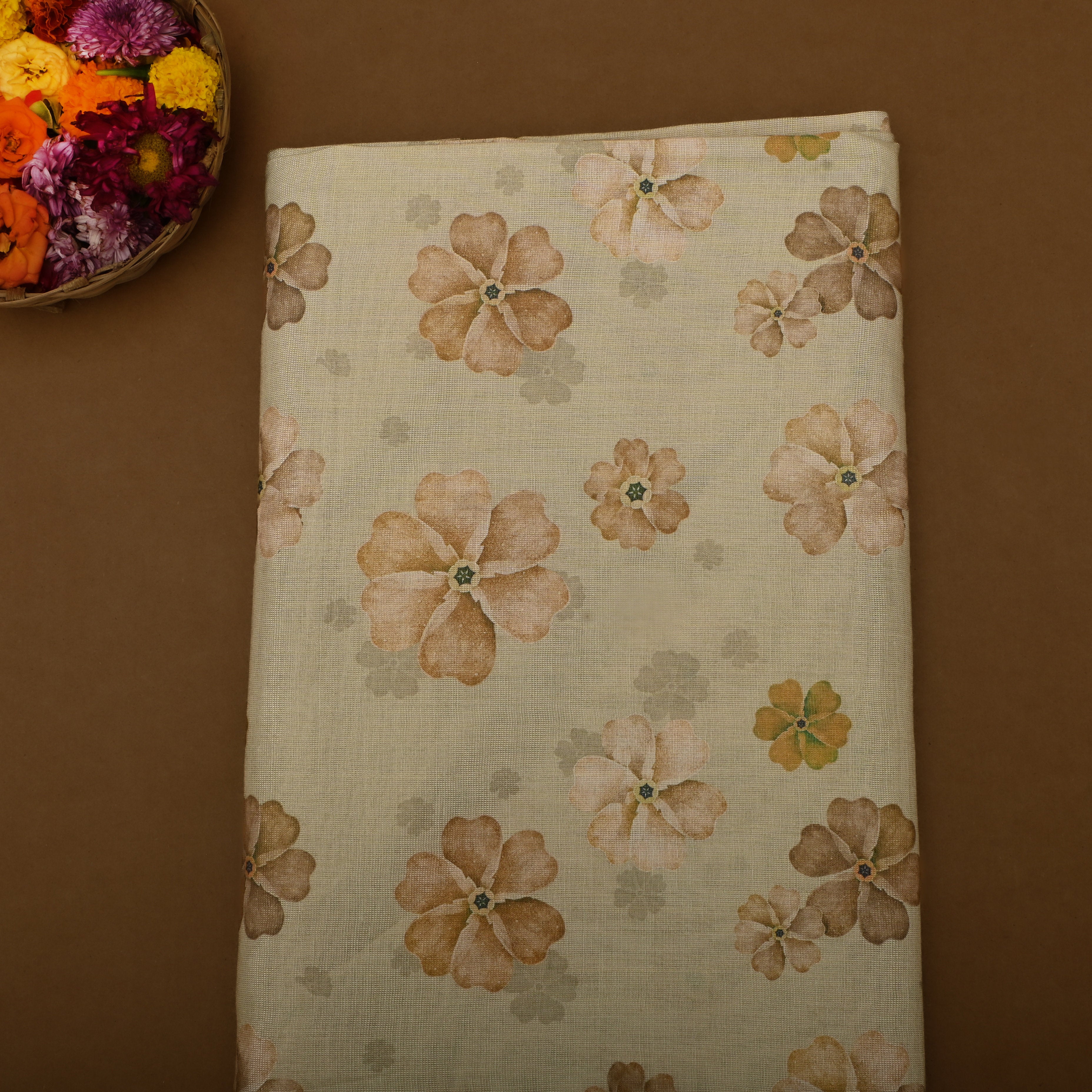 Light Sand Brown Tissue Fabric With Floral Prints