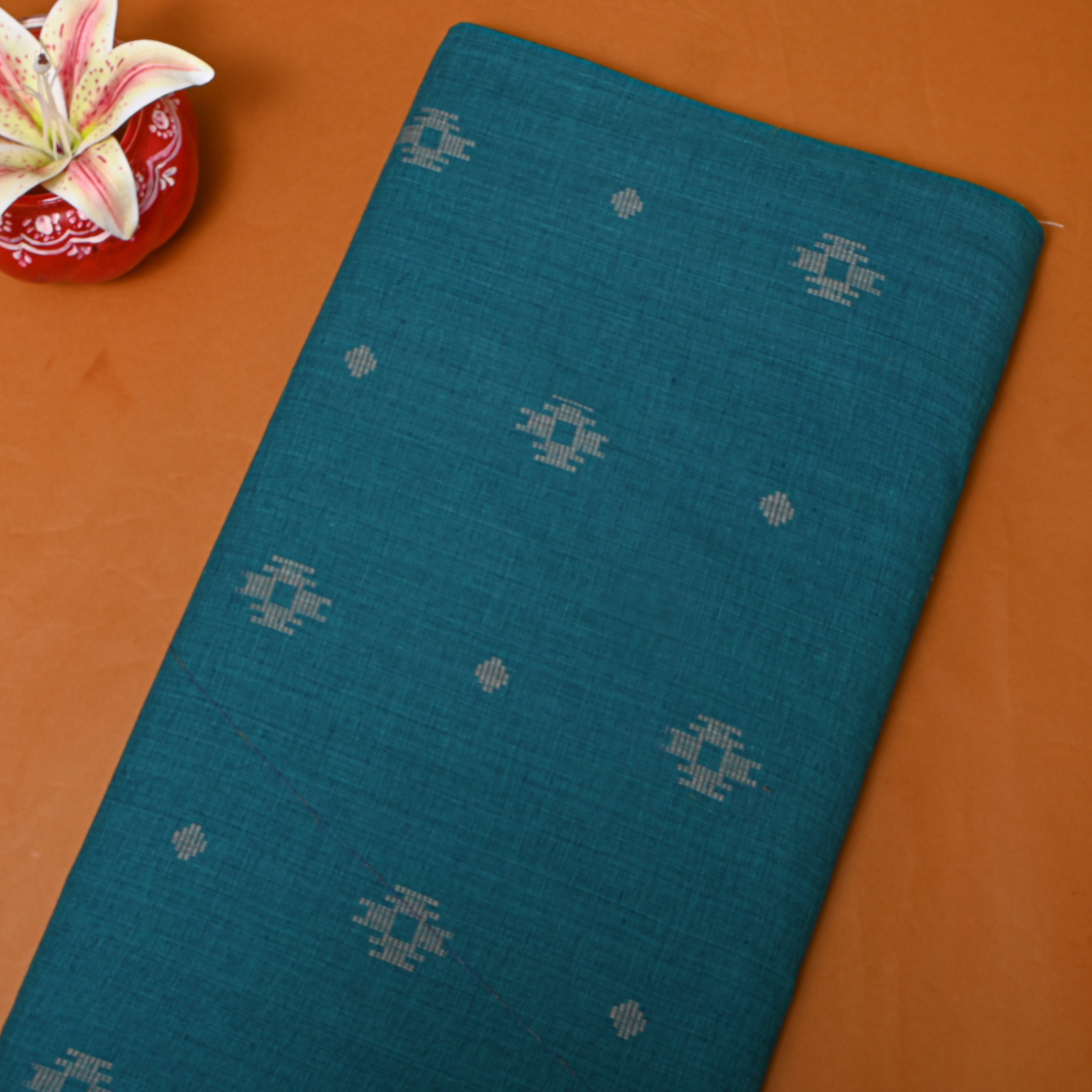 Dark Teal Cotton With Ikat Weave Fabric