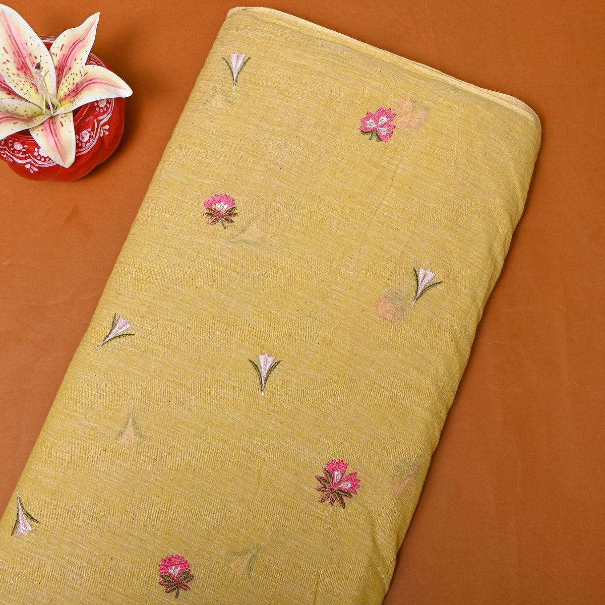 Bright Yellow With Pink Thread Work Butti Cotton Fabric