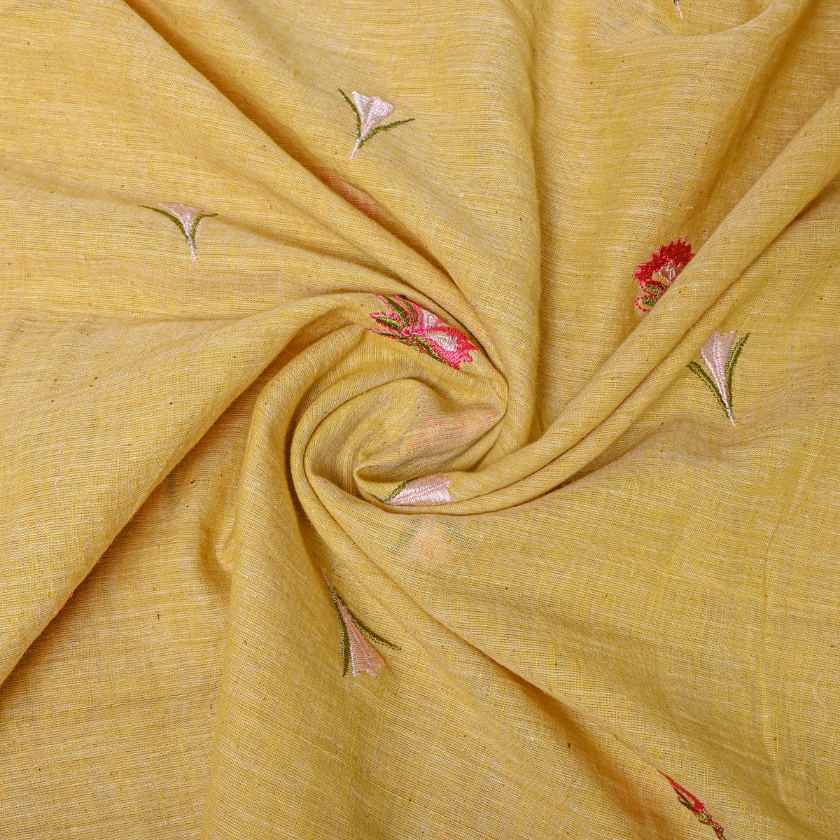 Bright Yellow With Pink Thread Work Butti Cotton Fabric