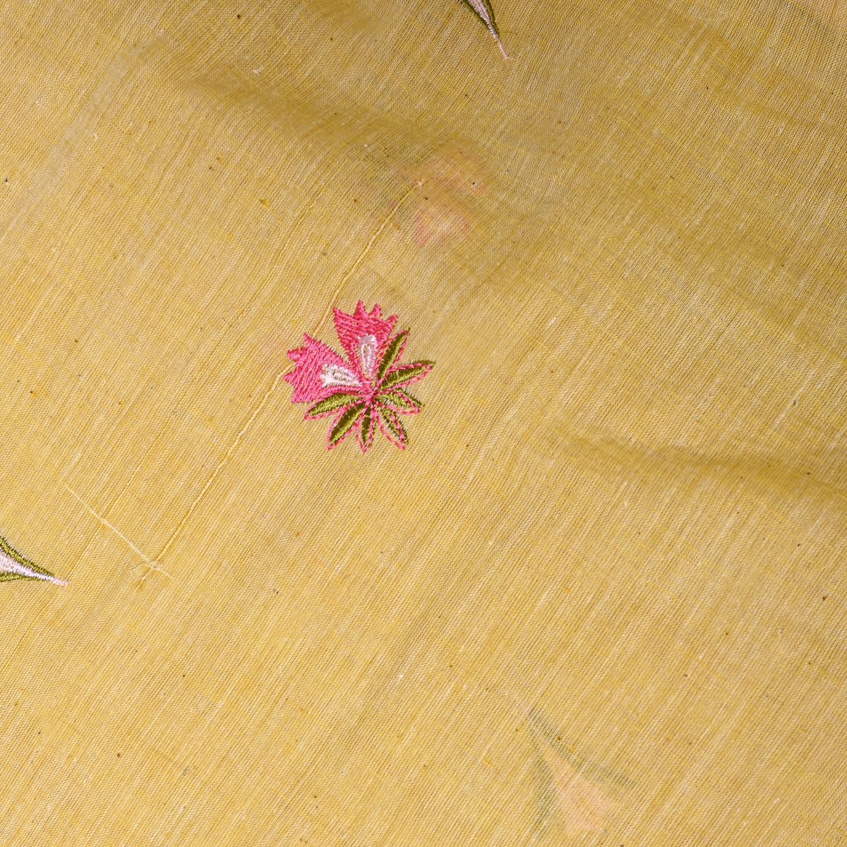 Bright Yellow With Pink Thread Work Butti Cotton Fabric