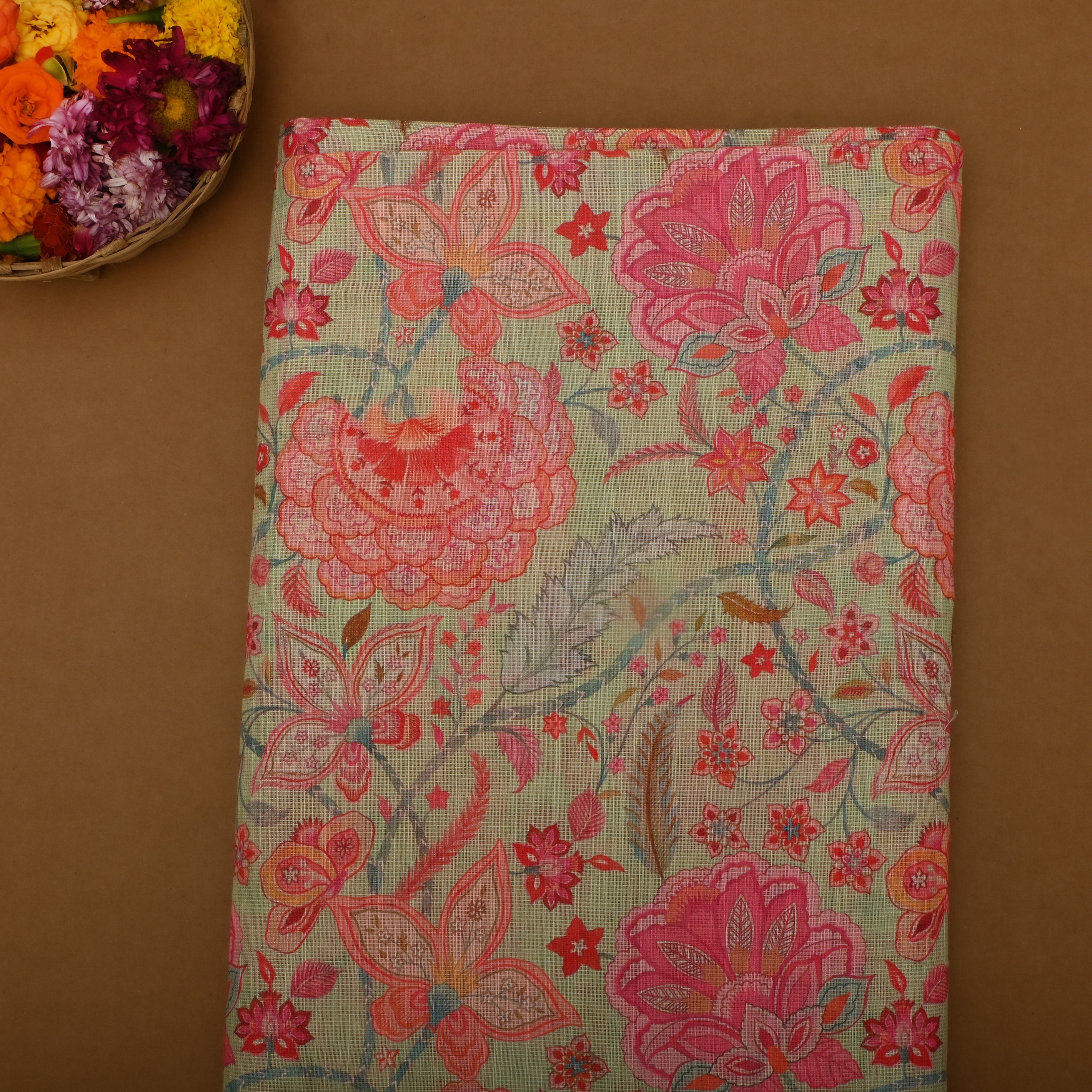 Pastel Cream Floral Printed Tissue Fabric