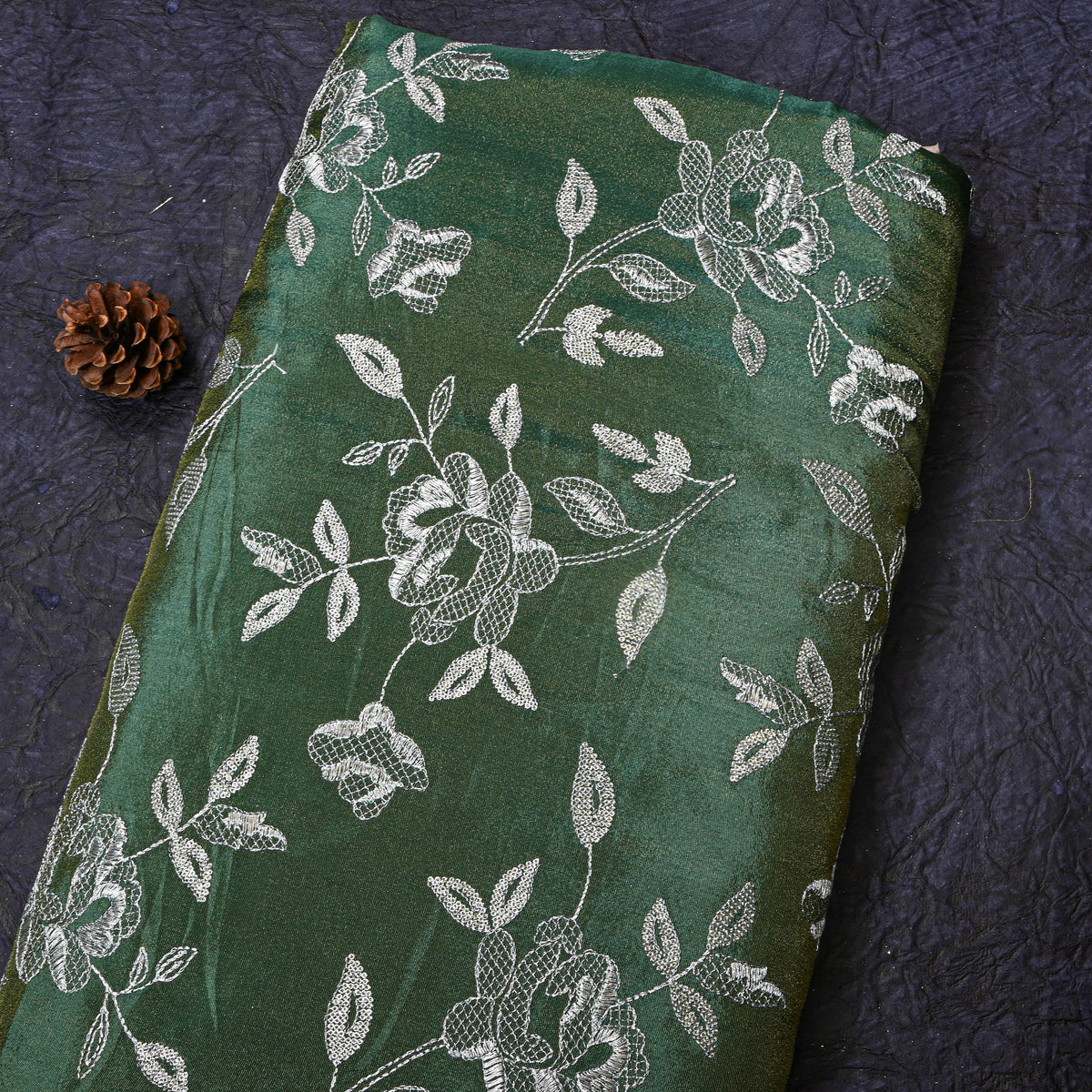 Emerald Green Floral Silver Zari Embroidered Tissue Fabric