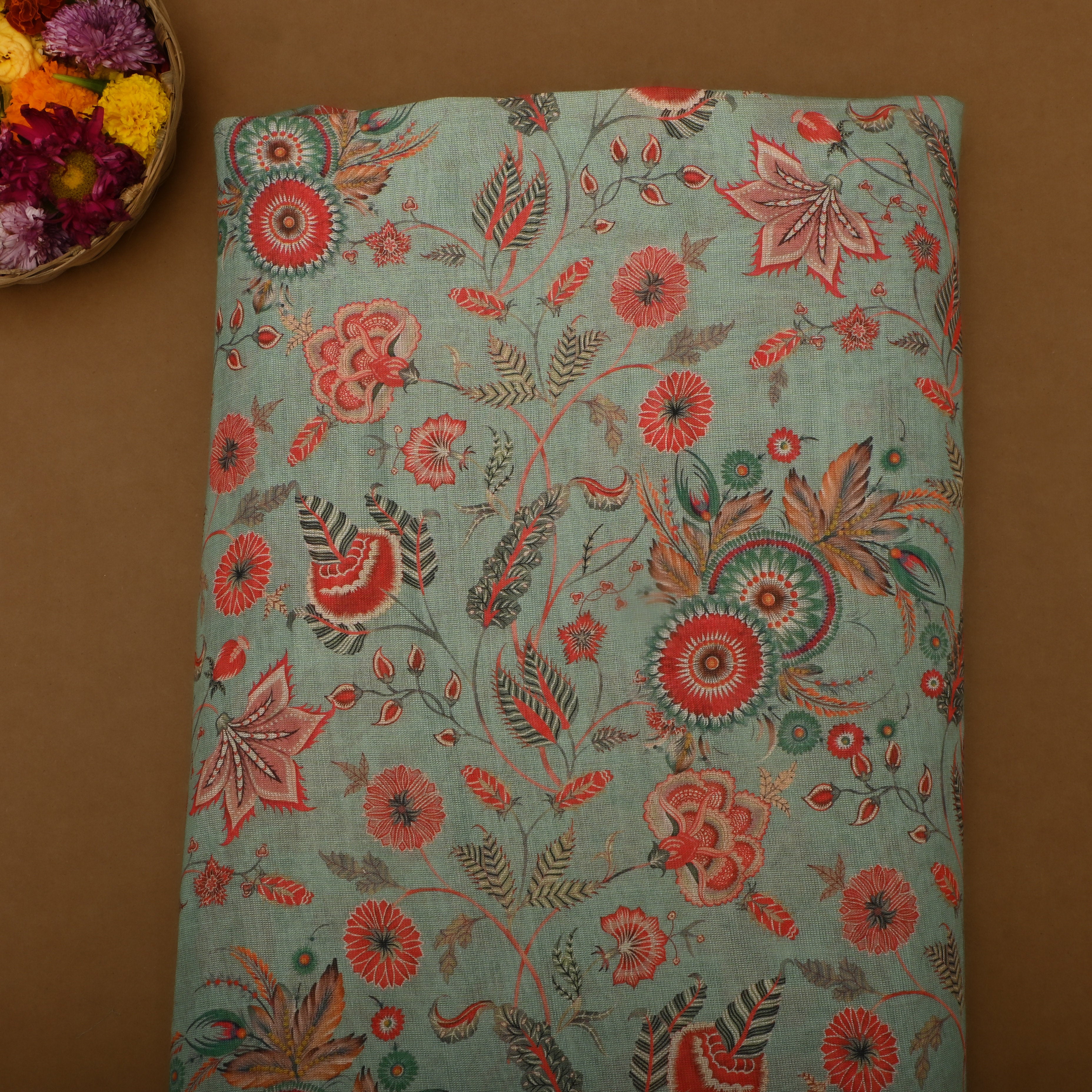 Mint Green Tissue Fabric With Floral Prints