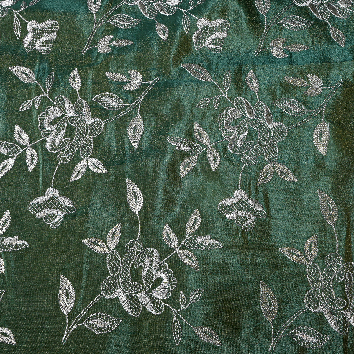 Emerald Green Floral Silver Zari Embroidered Tissue Fabric