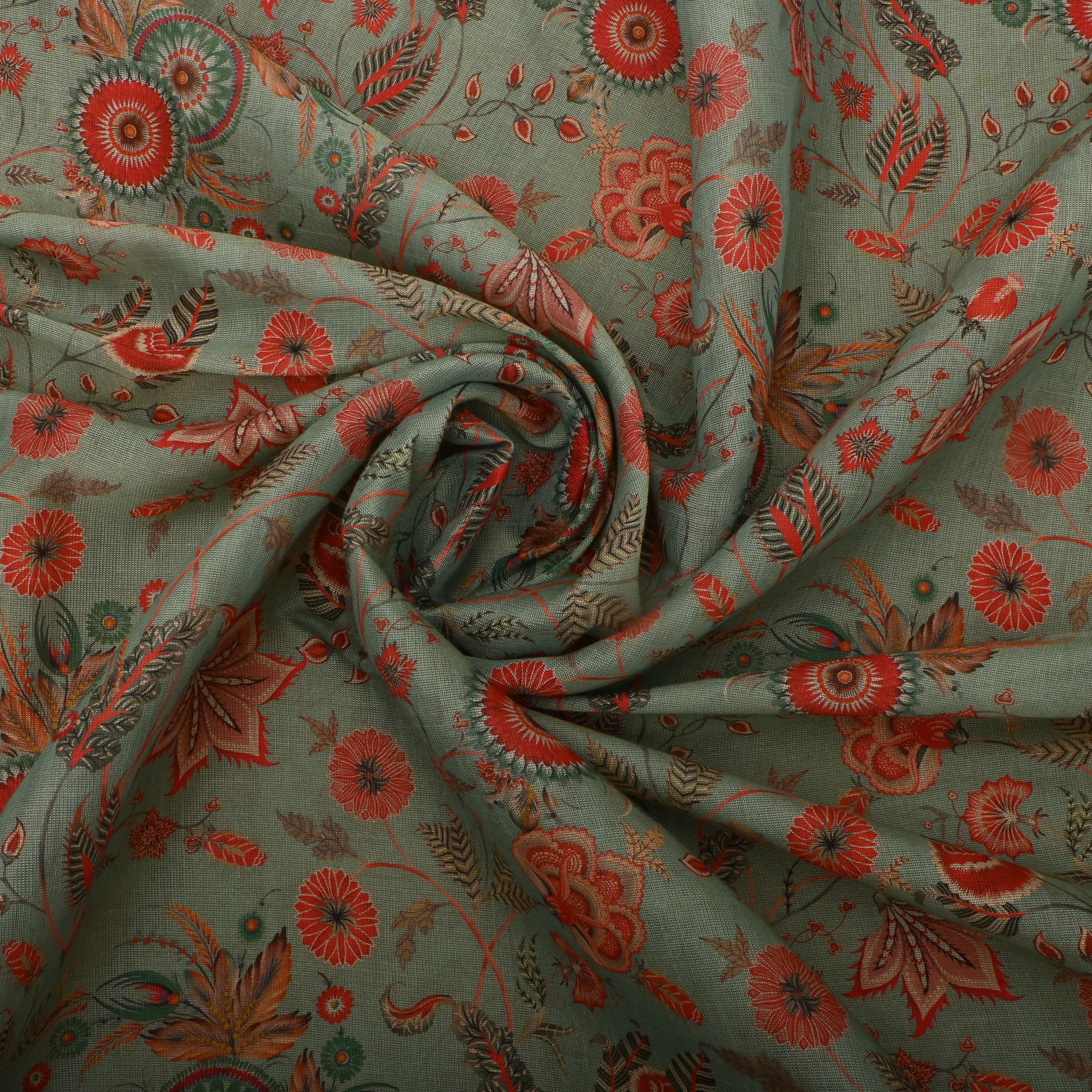 Mint Green Tissue Fabric With Floral Prints