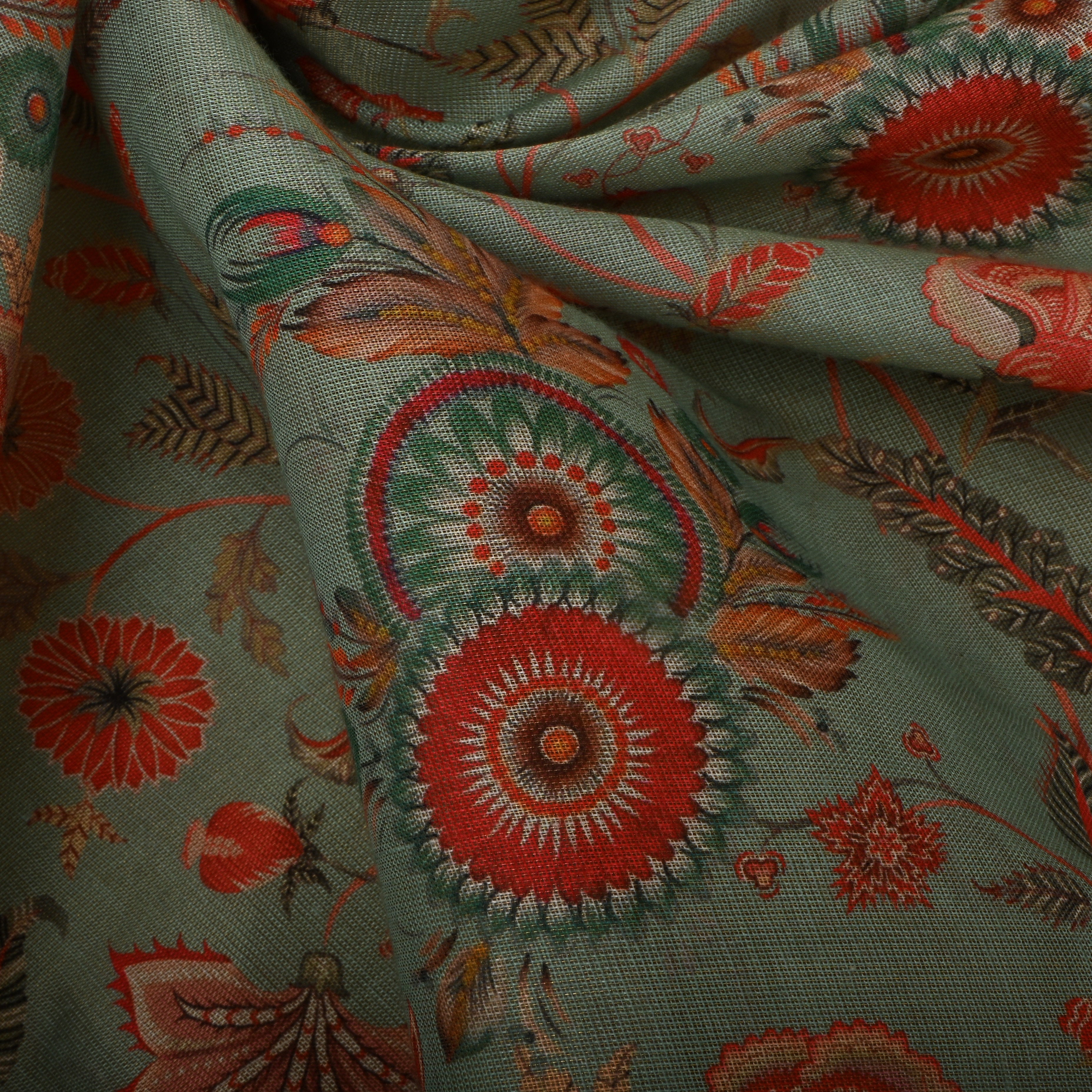 Mint Green Tissue Fabric With Floral Prints