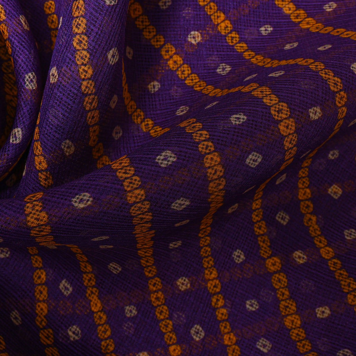 Purple And Orange Bandhani Kota Fabric