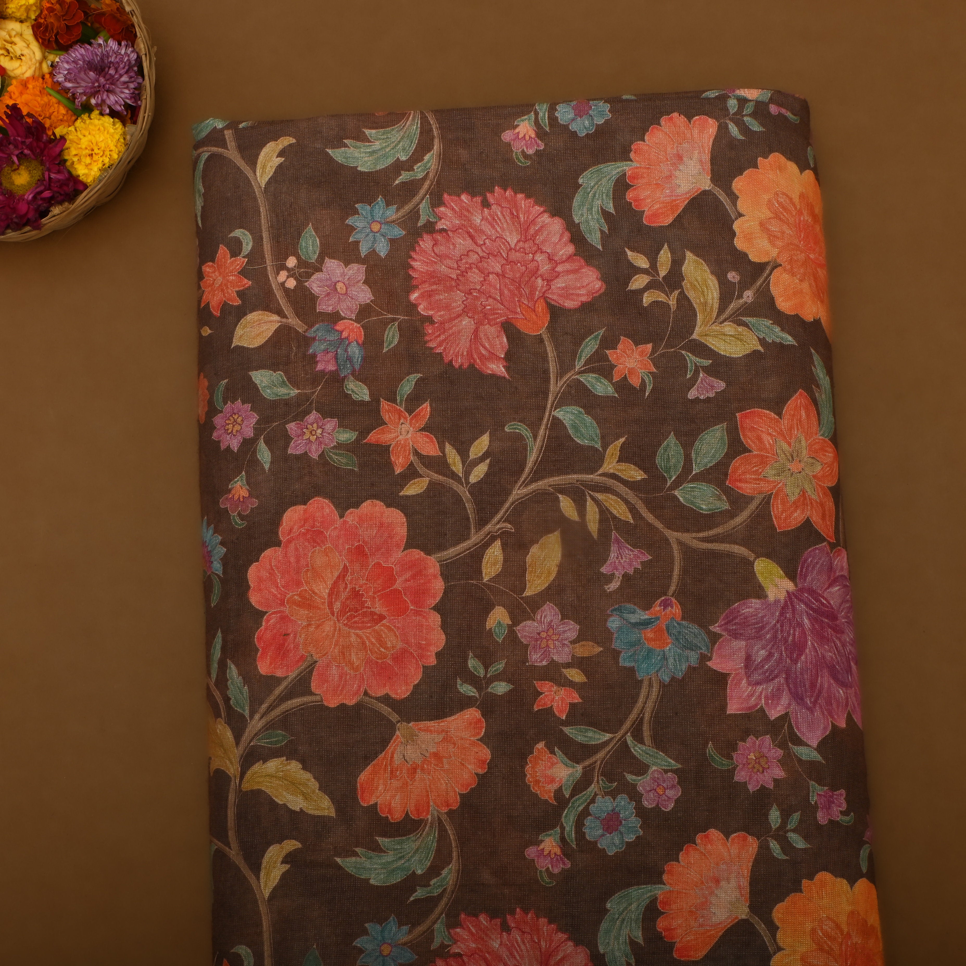 Dark Brown Tissue Fabric With Floral Prints