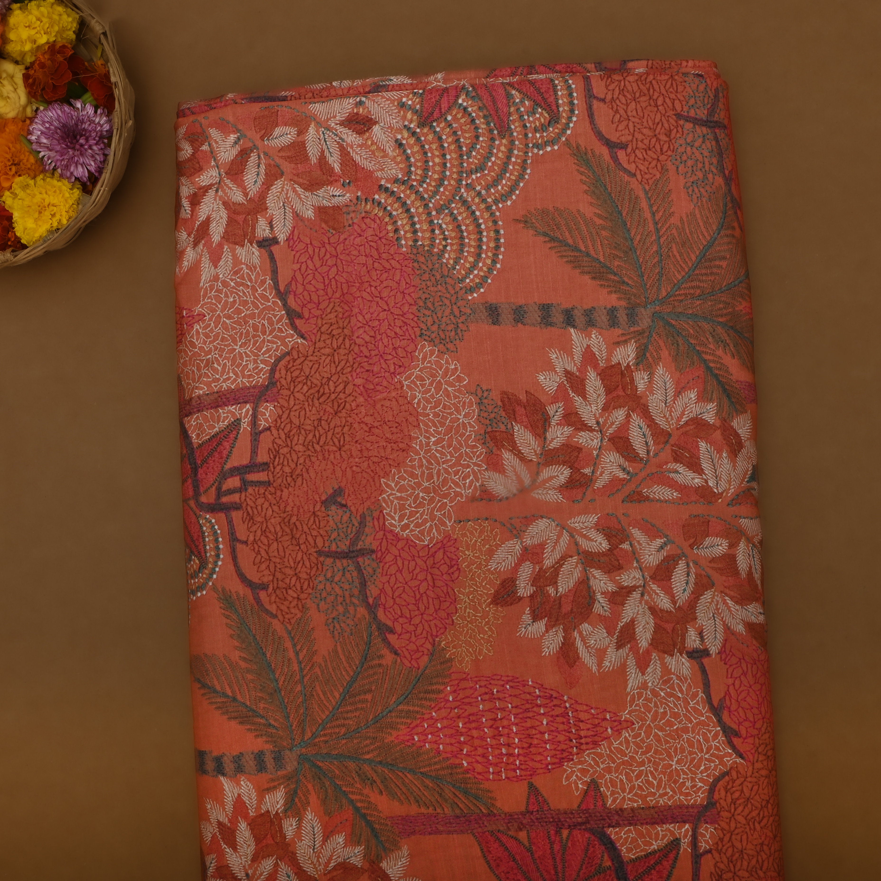 Apple Blossom Red Silk Fabric With Digital Prints