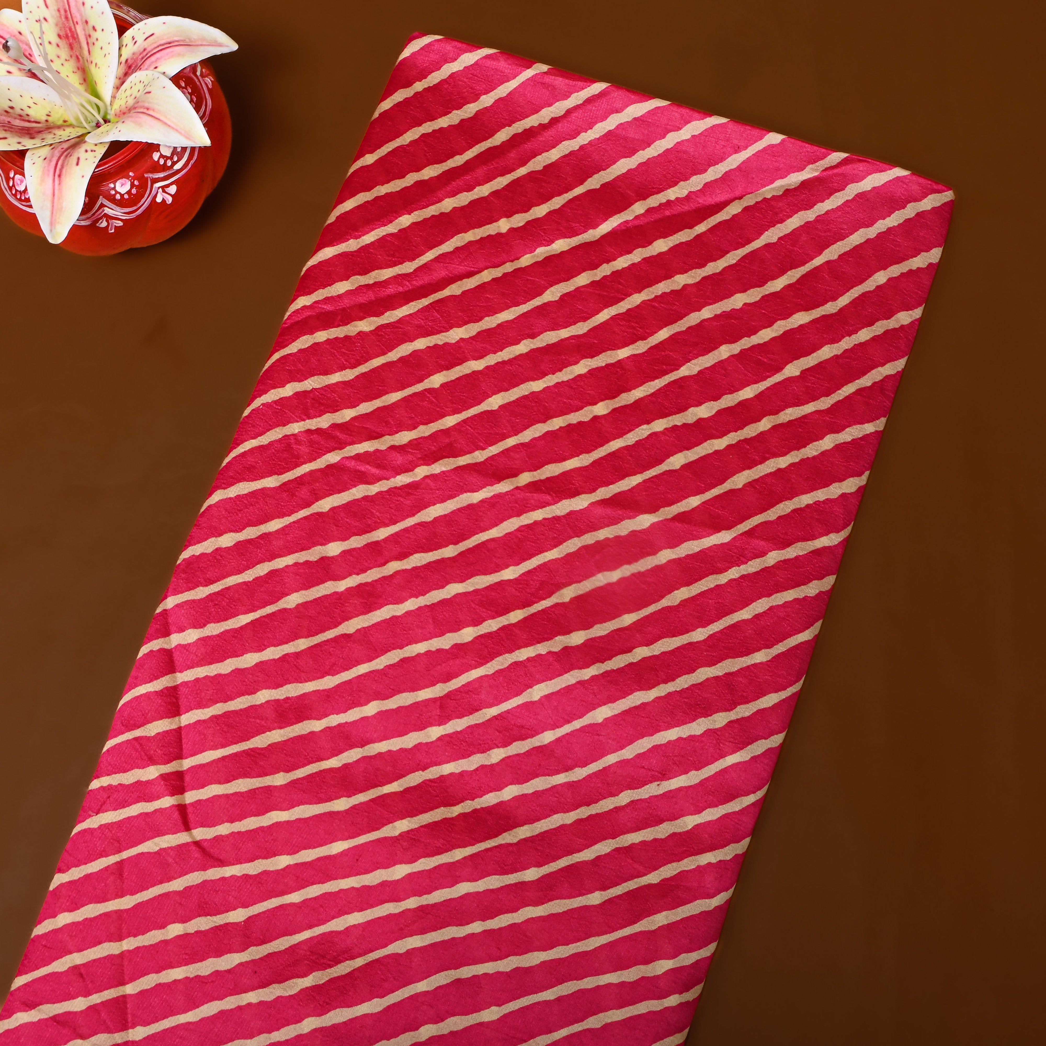 Pink Gold Diagonal Leheriya Silk Fabric