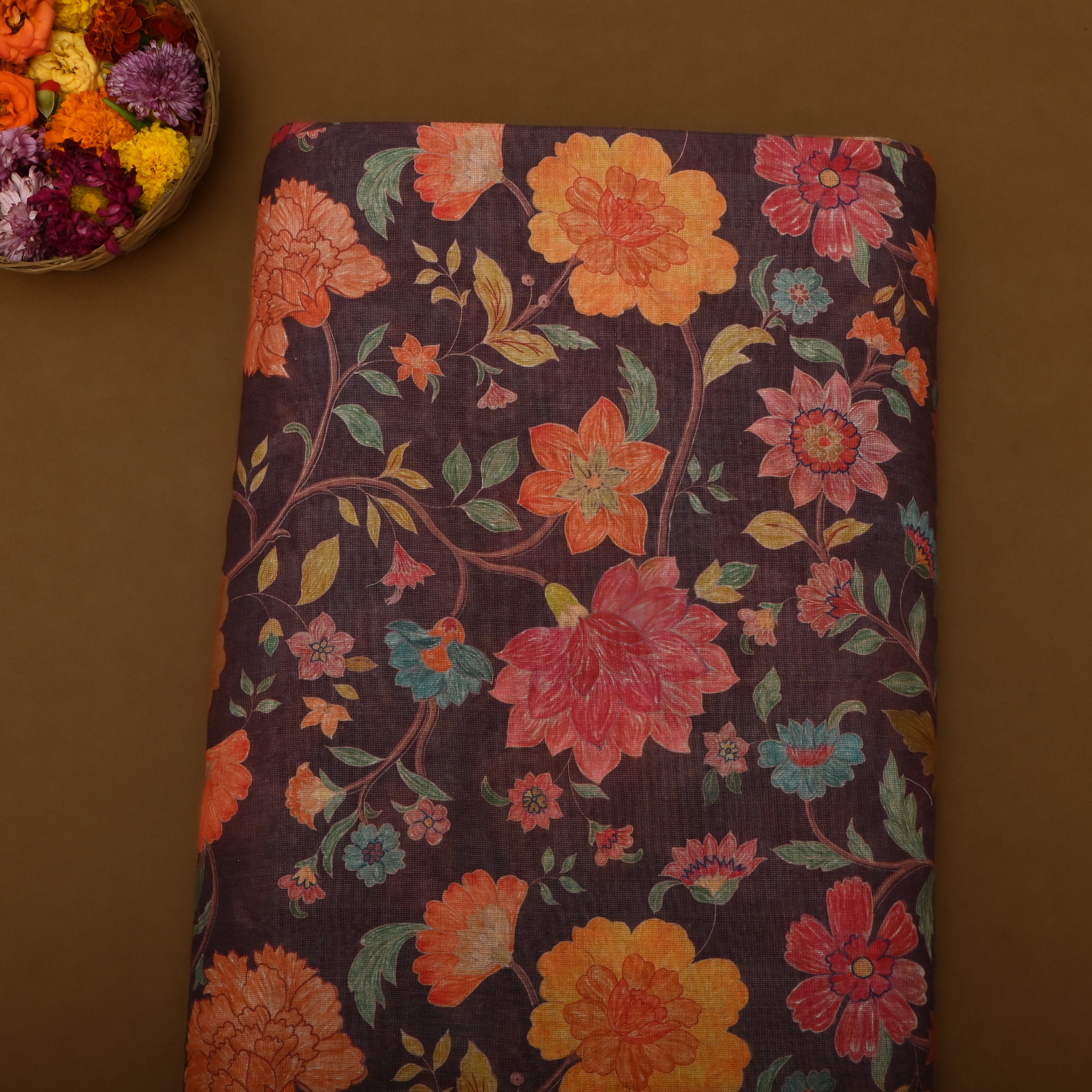 Brown Coffee Tissue Fabric With Floral Prints