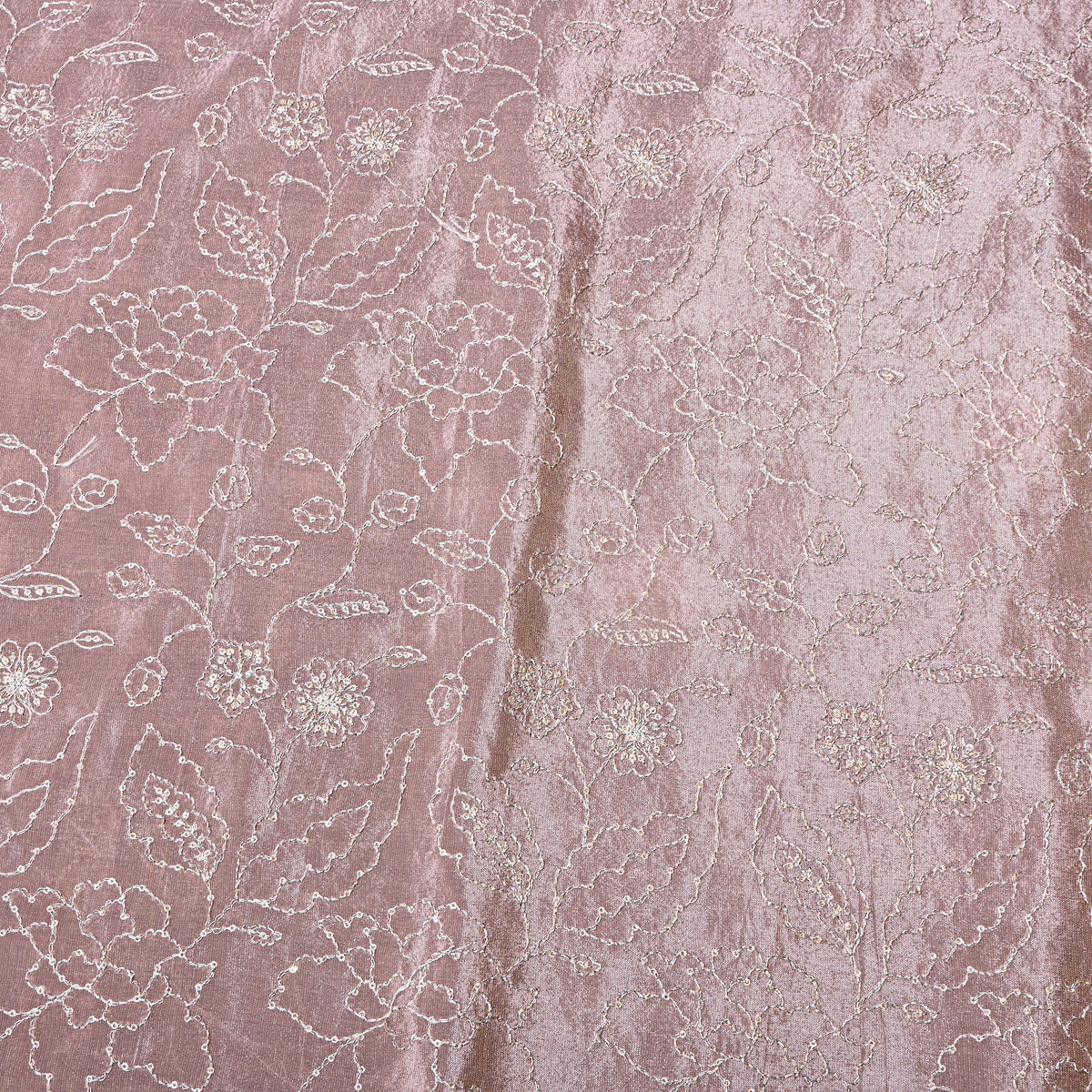 Ash Rose Silver Zari Floral Jaal Embroidery Tissue Fabric