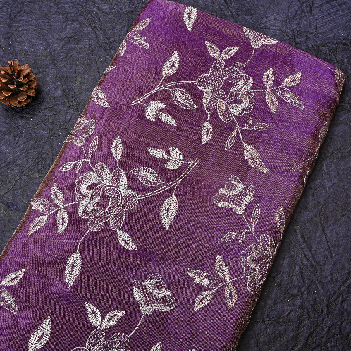 Grape Purple Silver Zari Floral Embroidery Tissue Fabric