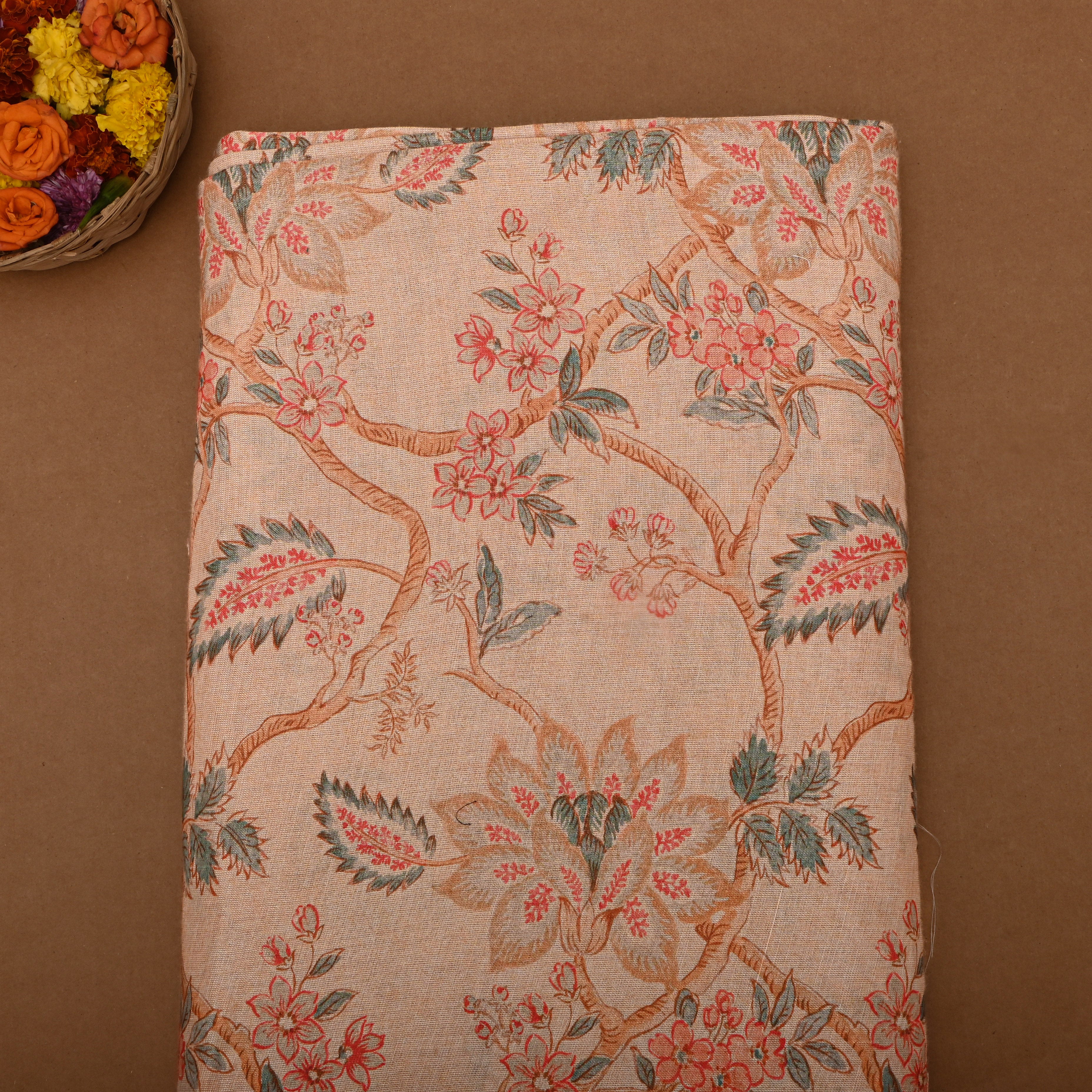 Deep Peach Tissue Fabric With Digital Prints