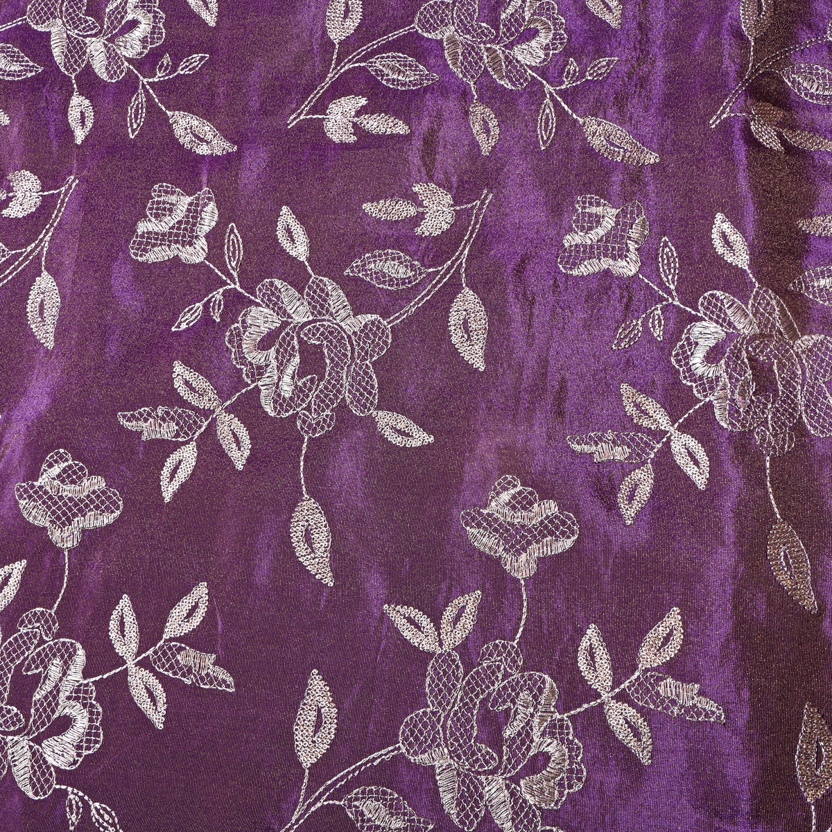 Grape Purple Silver Zari Floral Embroidery Tissue Fabric