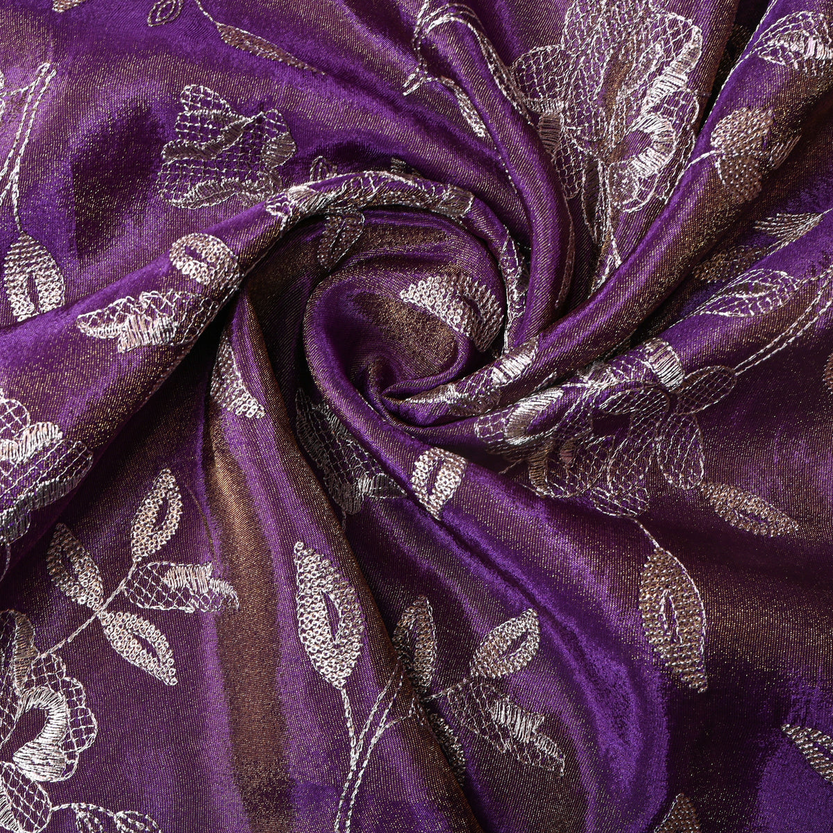 Grape Purple Silver Zari Floral Embroidery Tissue Fabric