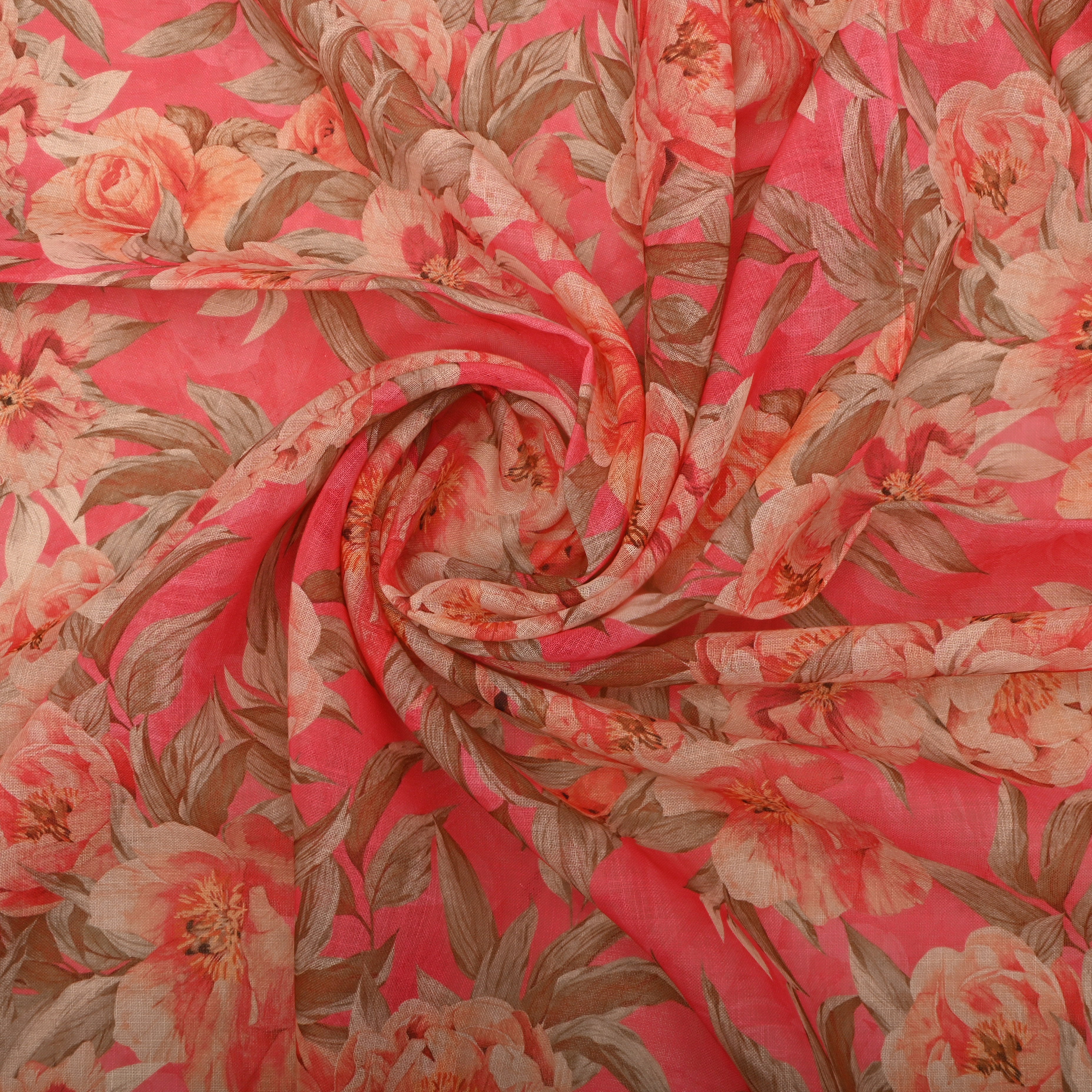 Rose Pink Floral Printed Linen Fabric