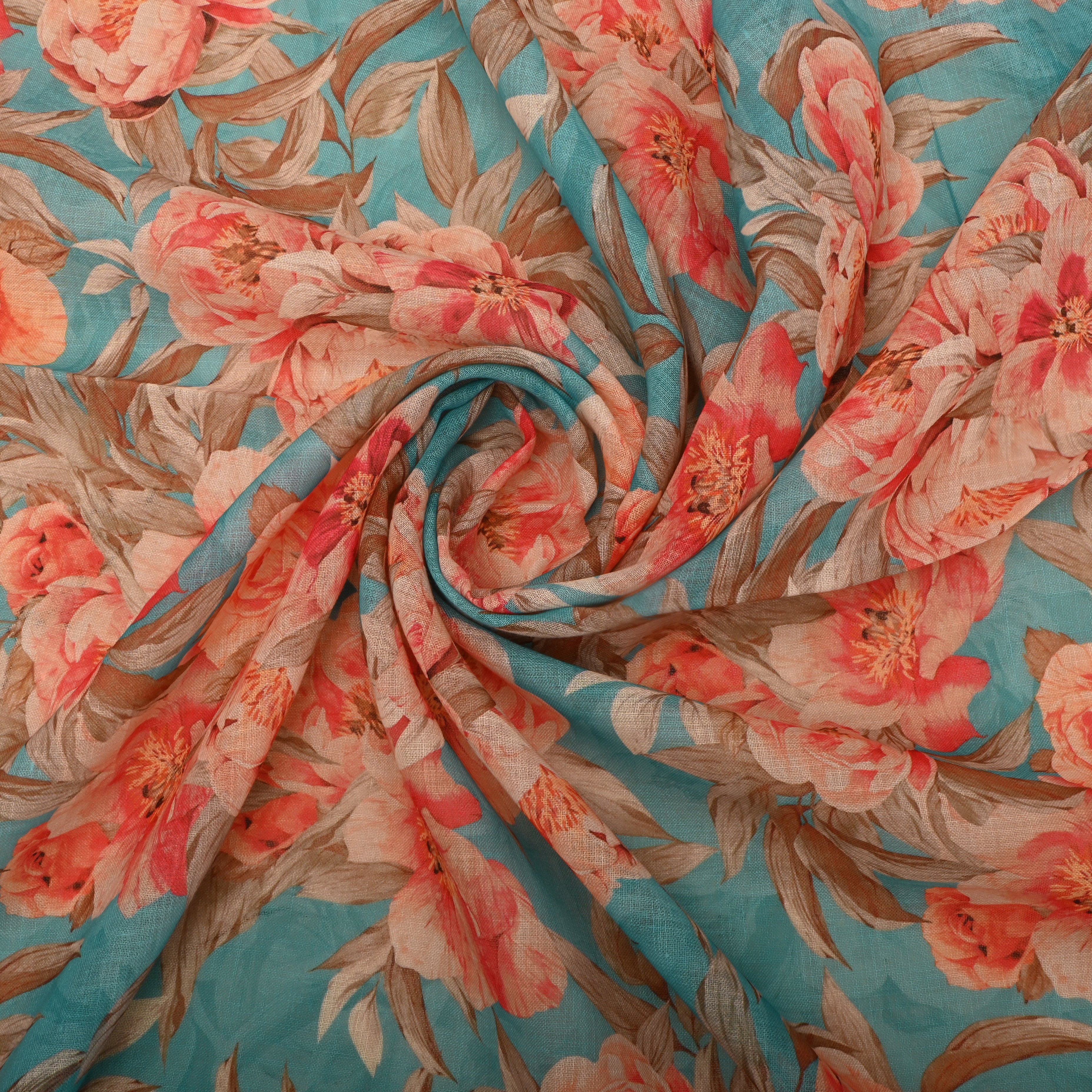 Blue Hosta Linen Fabric With Printed Design