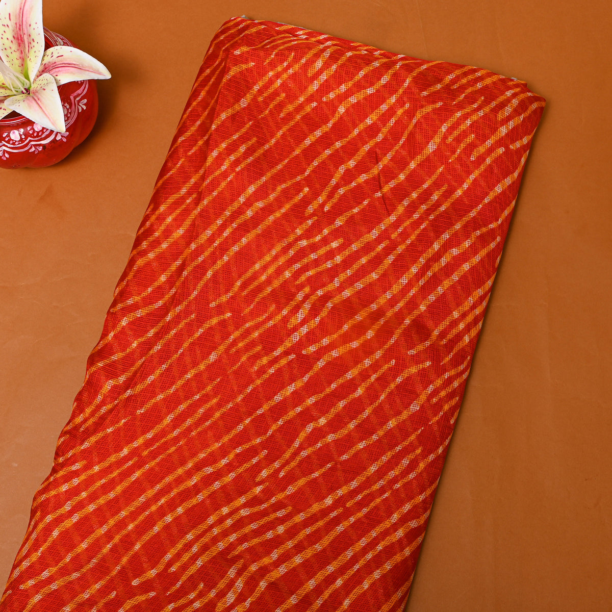 Orange Striped Abstract Print Kota Fabric