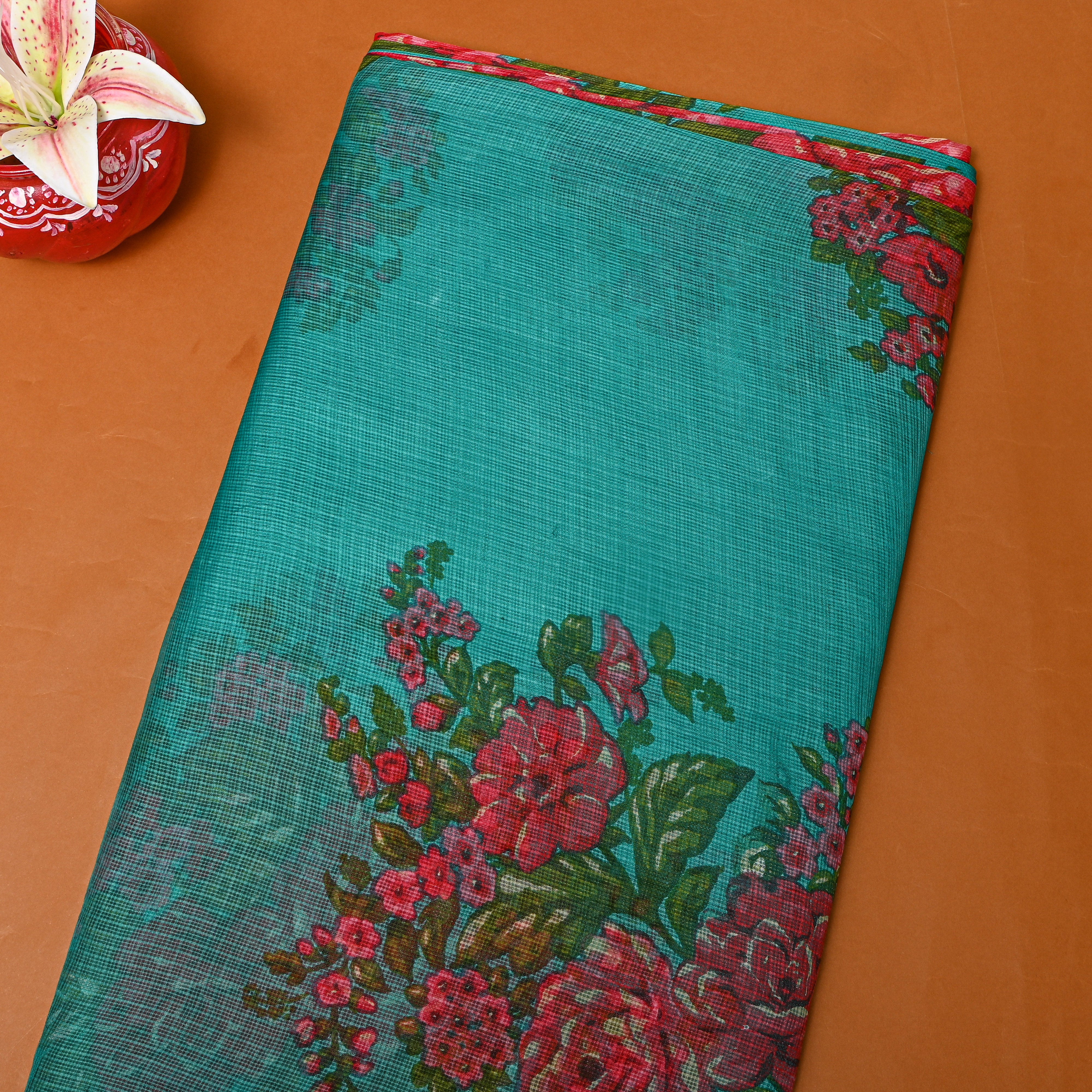 Medium Forest Green Printed Silk Fabric