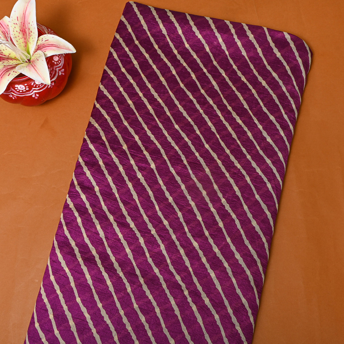 Deep Purple Cream Diagonal Leheriya Silk Fabric