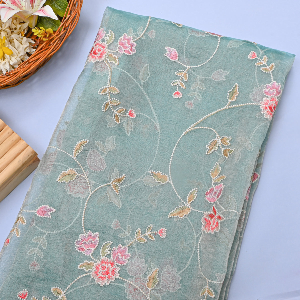 Dusty Aqua Organza Tissue With Floral Thread Embroidery
