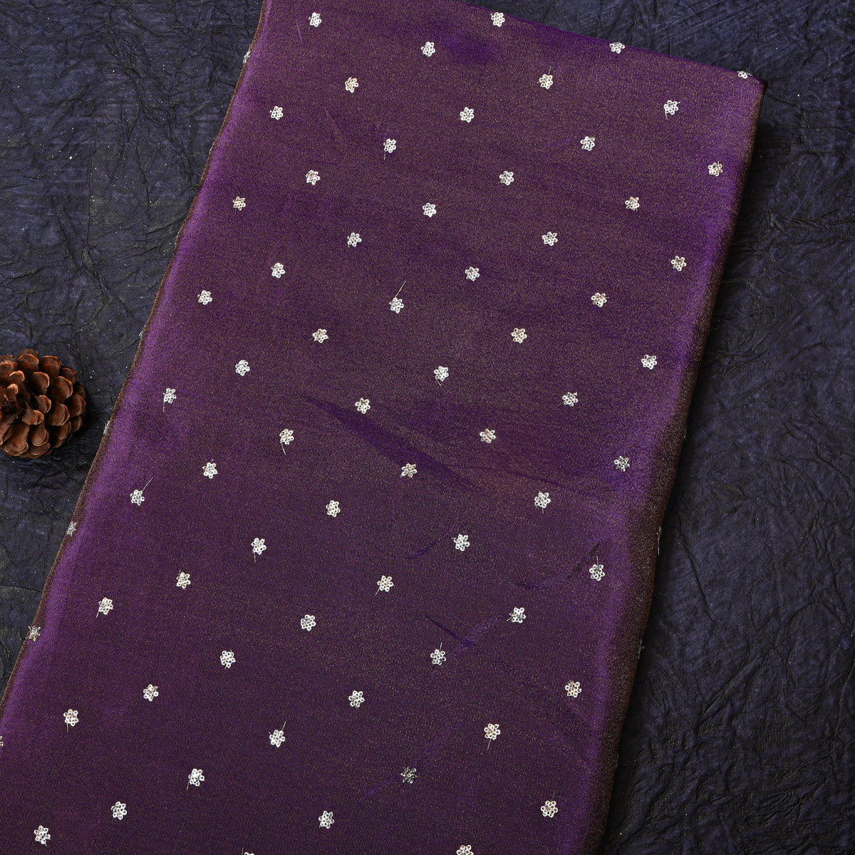 Royal Purple Silver Sequin Floral Butti Tissue Fabric