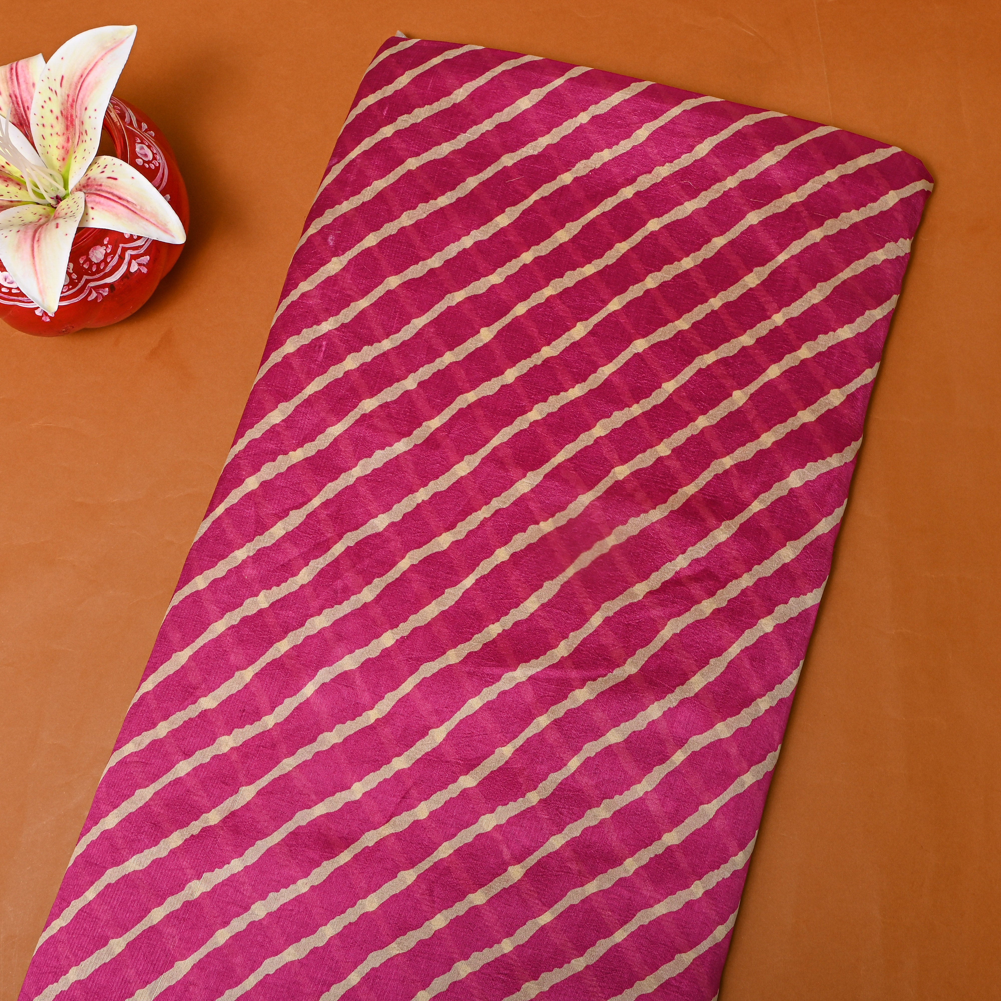 Magenta Gold Diagonal Leheriya Silk Fabric