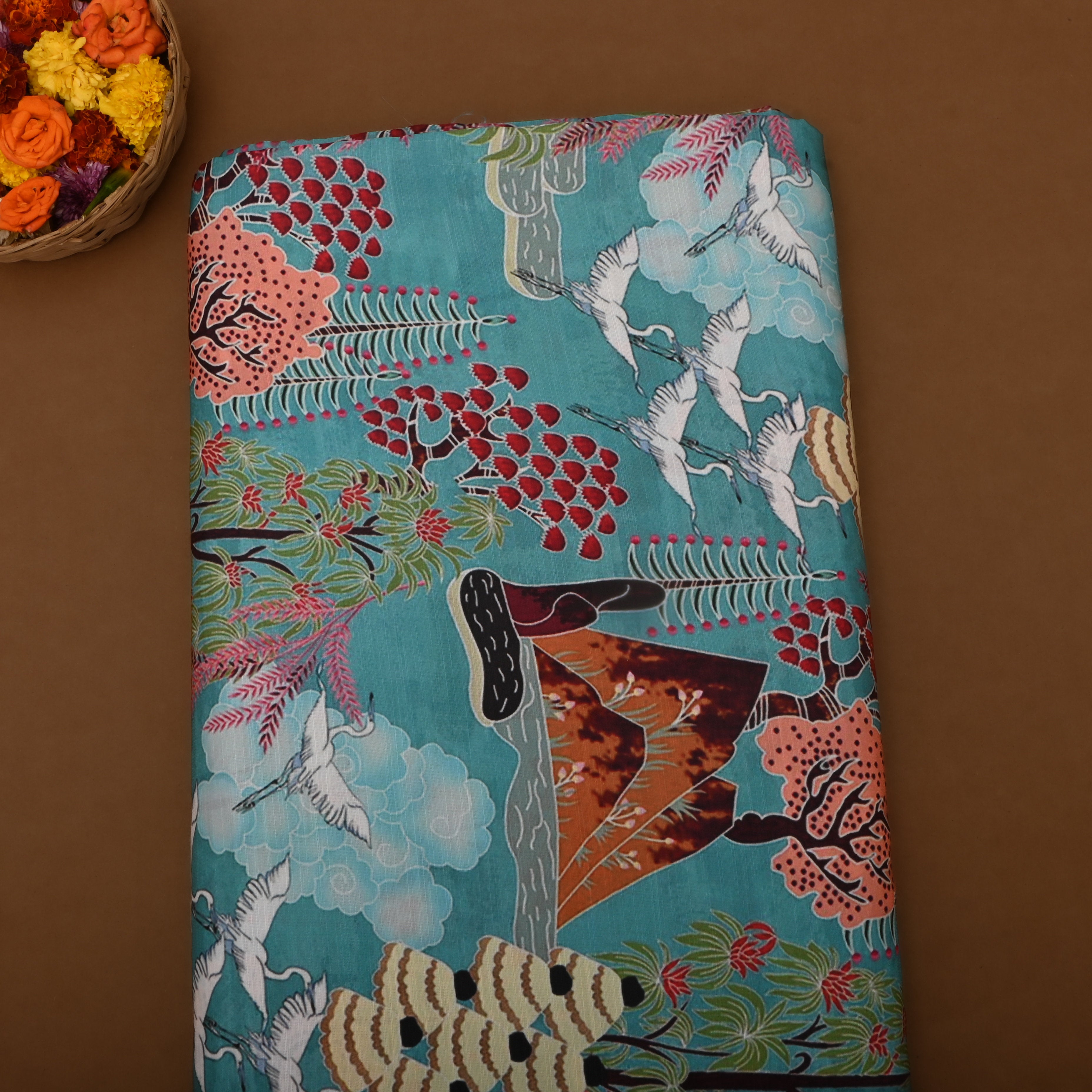 Sky Blue Silk Fabric With Printed Design